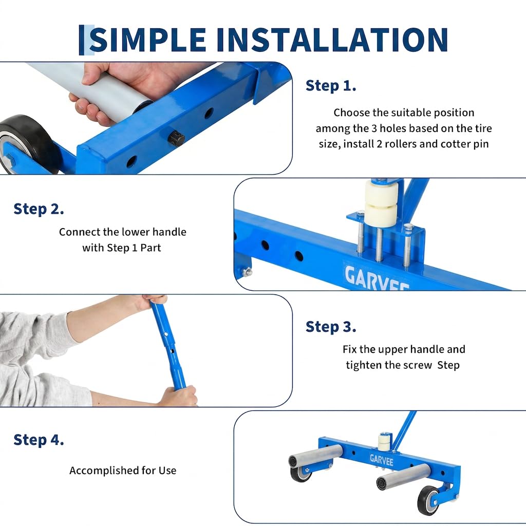Garvee Heavy Duty Adjustable Tire Wheel Dolly – 330lbs Capacity, 23.5"-43.5" Width, 8in 360° Rollers – For Semi Truck, Large Vehicle, SUV, ATV, RV, Trailer – Material Handling – Blue
