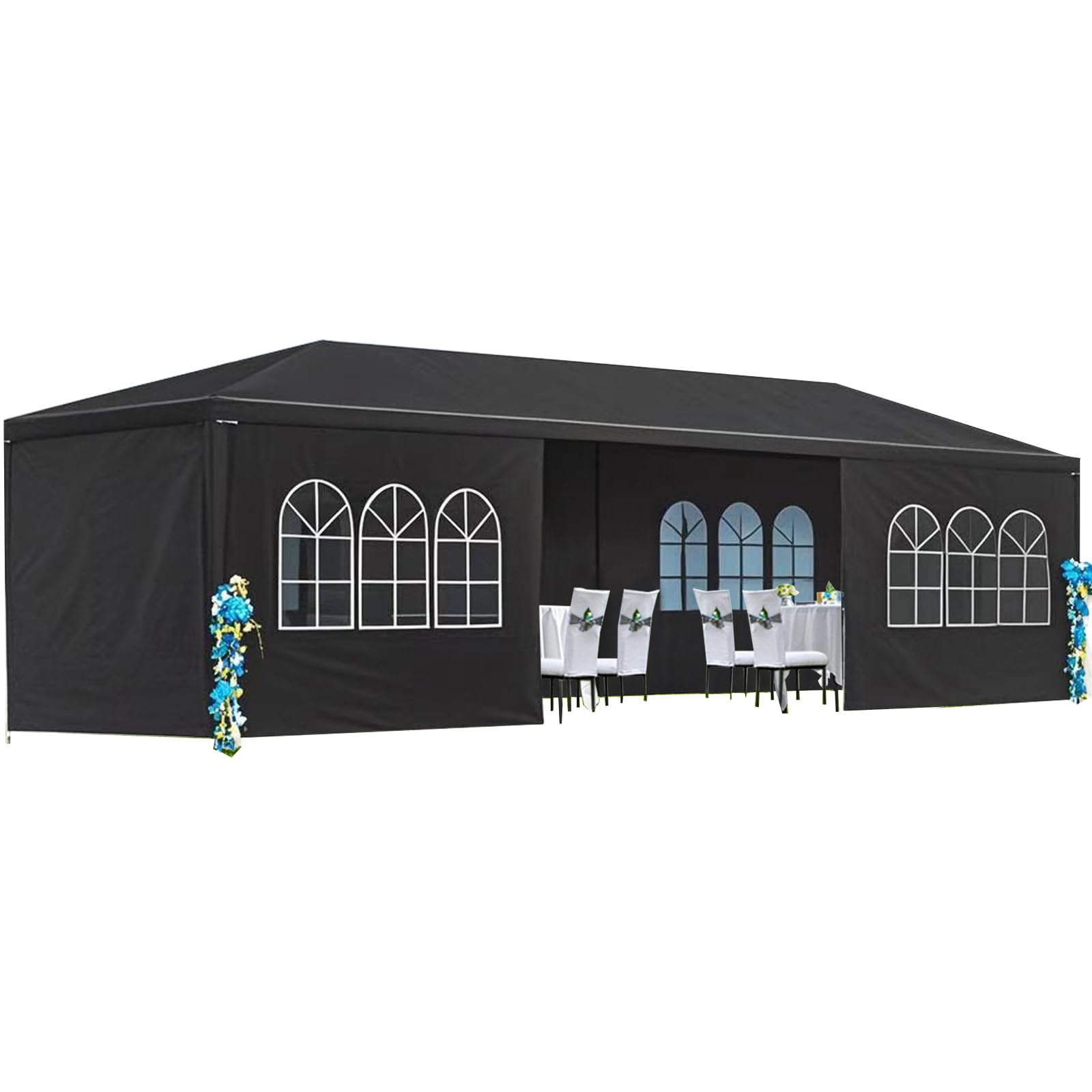 Garvee 10' × 30' Outdoor Party Tent with 8 Removable Sidewalls, Waterproof Canopy, Wedding Gazebo for Backyard, Patio, BBQ and Events, Black
