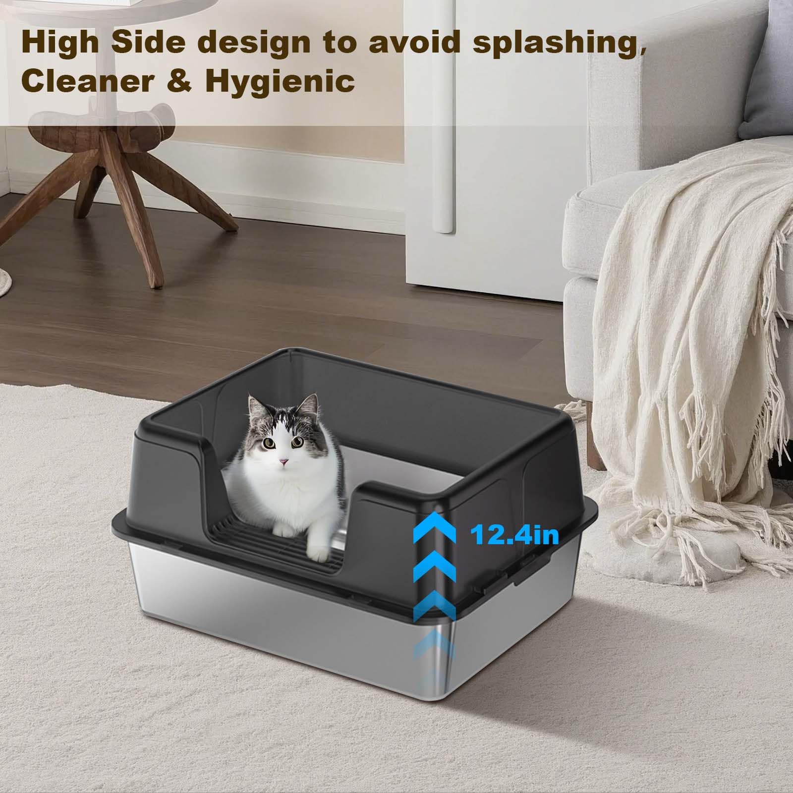 Garvee Stainless Steel Litter Box with Lid, High Side Metal Litter Boxes for Big Cats, Extra Large Litter Pan Tray, Easy Clean, Odor Control Cat Toilet with Scoops, Black