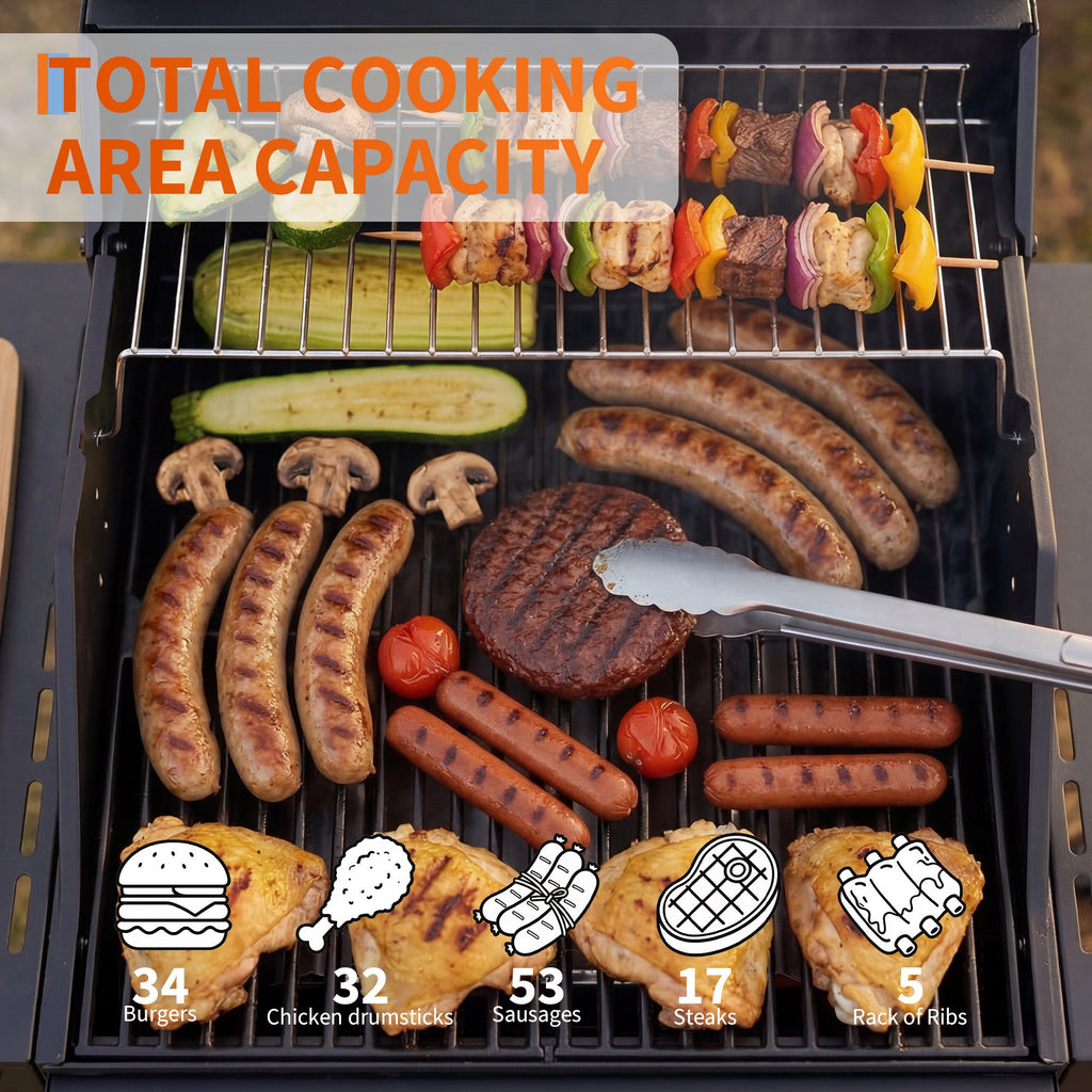 Garvee 2-Burner Propane Gas Grill – 16,000 BTU Matte Black BBQ Cart Grill with Cast Iron Grates, Foldable Side Tables, Built-in Thermometer & Warming Rack for Patio, Tailgating, Camping