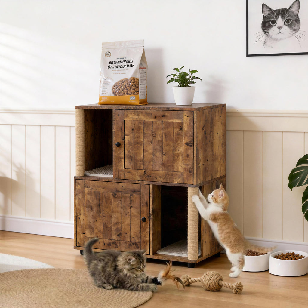 Garvee Double Cat Litter Box Enclosure for 2 Cats – 2-Tier Modern Wooden Cabinet with Built-in Sisal Marking Posts, Dual Litter Mats, Odor Control, Dog-Proof, Hidden Cat Washroom – Grooved Tigerwood