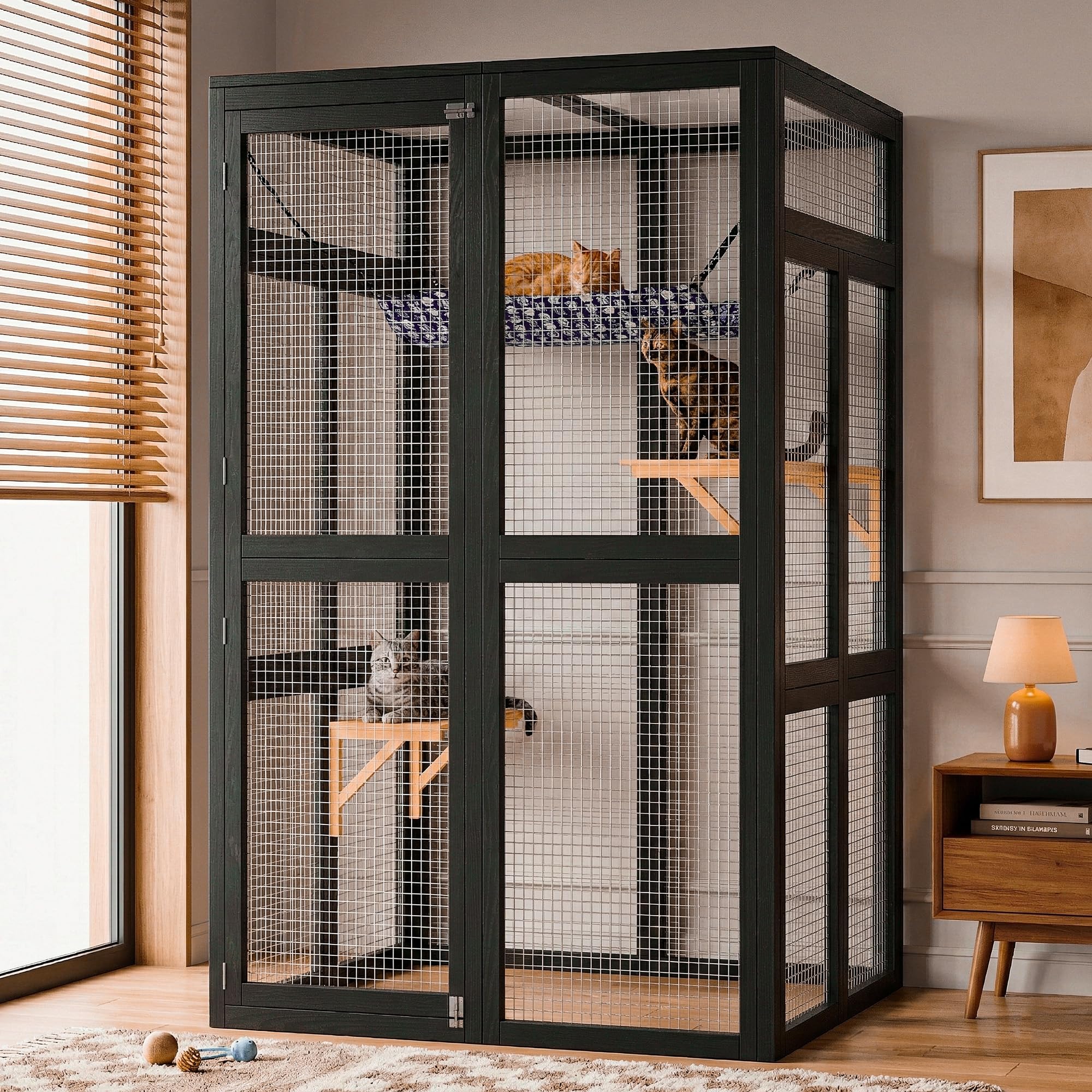 Garvee Spacious Outdoor Wooden Cat Cage, Weatherproof Roof, 2 Platforms, Hammock, Walk-In Window Access, Multi-Cat Catio Enclosure for Patio, Yard, or Indoor Use, Black