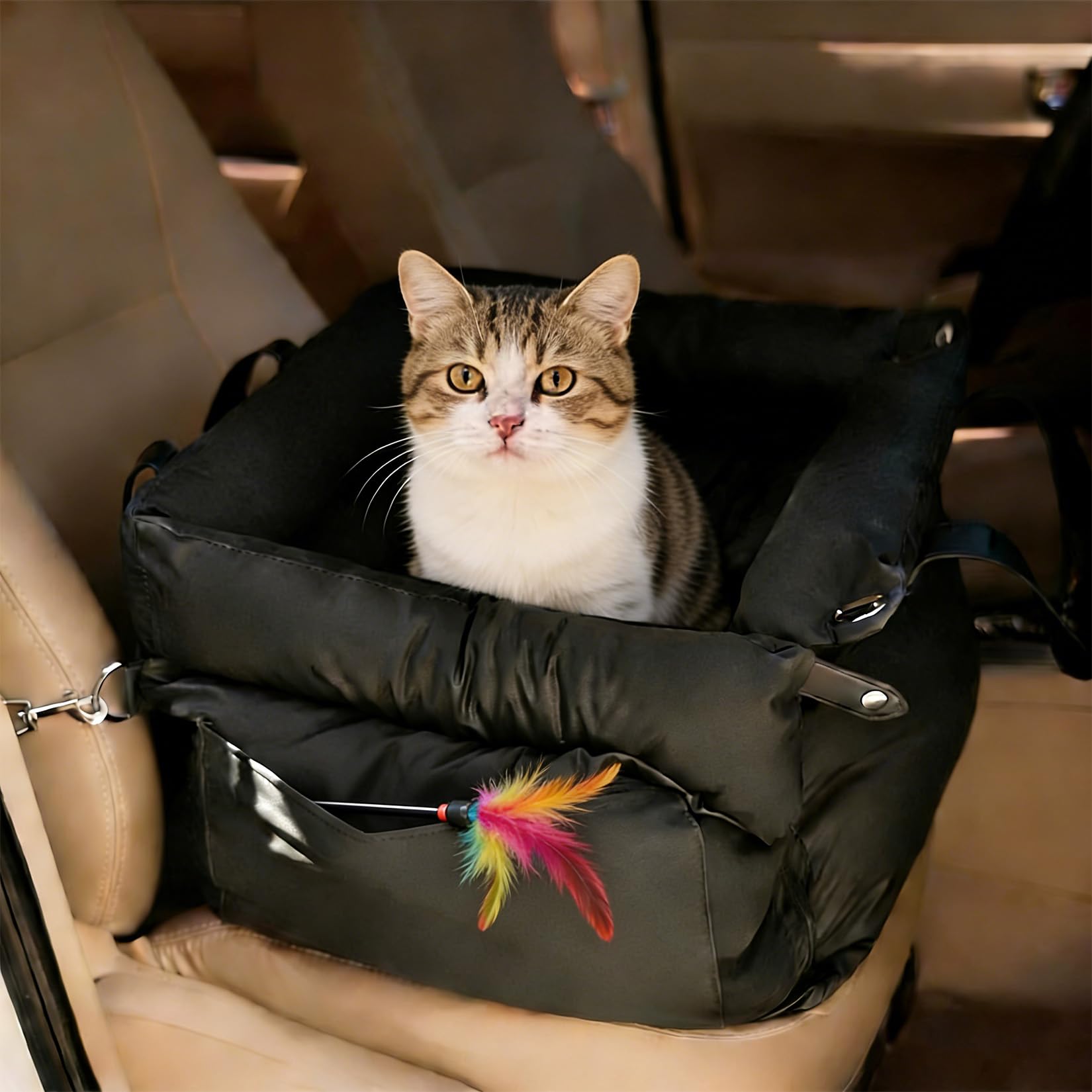 Garvee Dog Booster Car Seat, Waterproof PU Leather Upholstered Cat Bed for Car with Storage Pockets, Portable Pet Seat, Bite-Resistant, Perfect for Travel and Home, Black