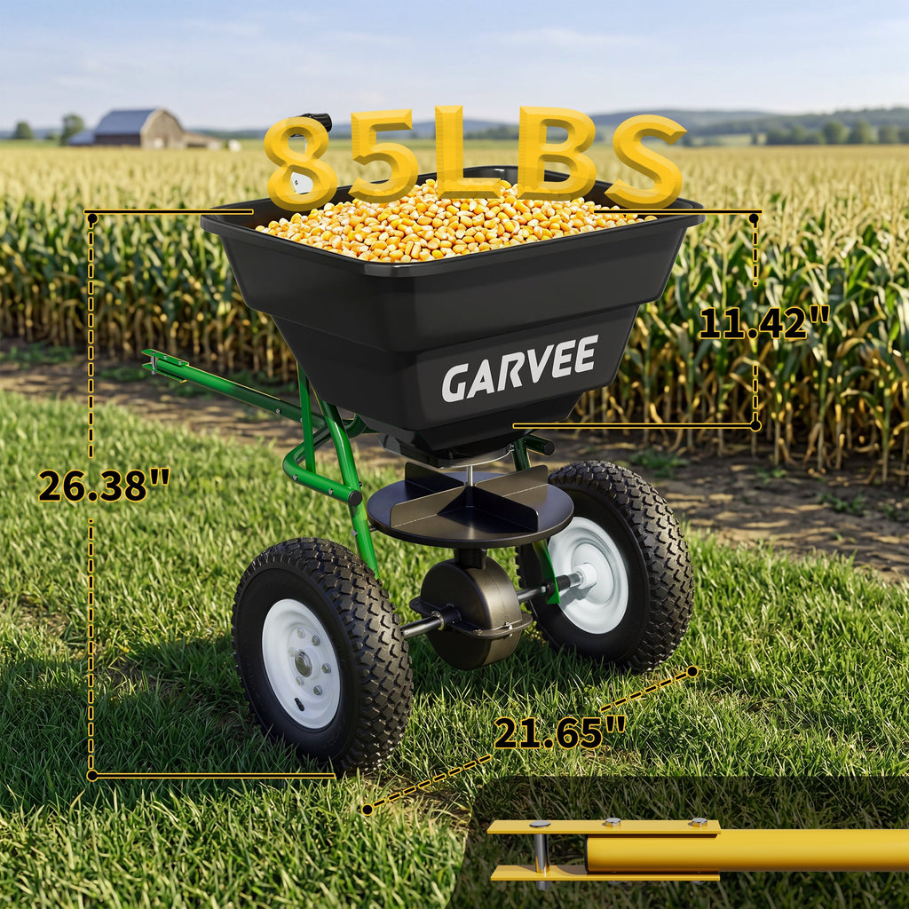 Garvee 85 lb Tow-Behind Broadcast Spreader with Adjustable Flow Control, 10-Inch Pneumatic Tires, Steel Frame & Universal Hitch for Seed, Fertilizer, Salt and Ice Melt, Black & Green