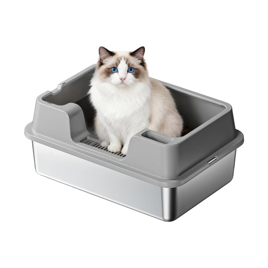 Garvee Large Stainless Steel Cat Litter Box, High Side Litter Box with Non-Stick, Scoop & Odor-Resistant, Metal Cat Pan for Multiple Cats, Rabbits & Small Pets, Easy to Clean, Gray