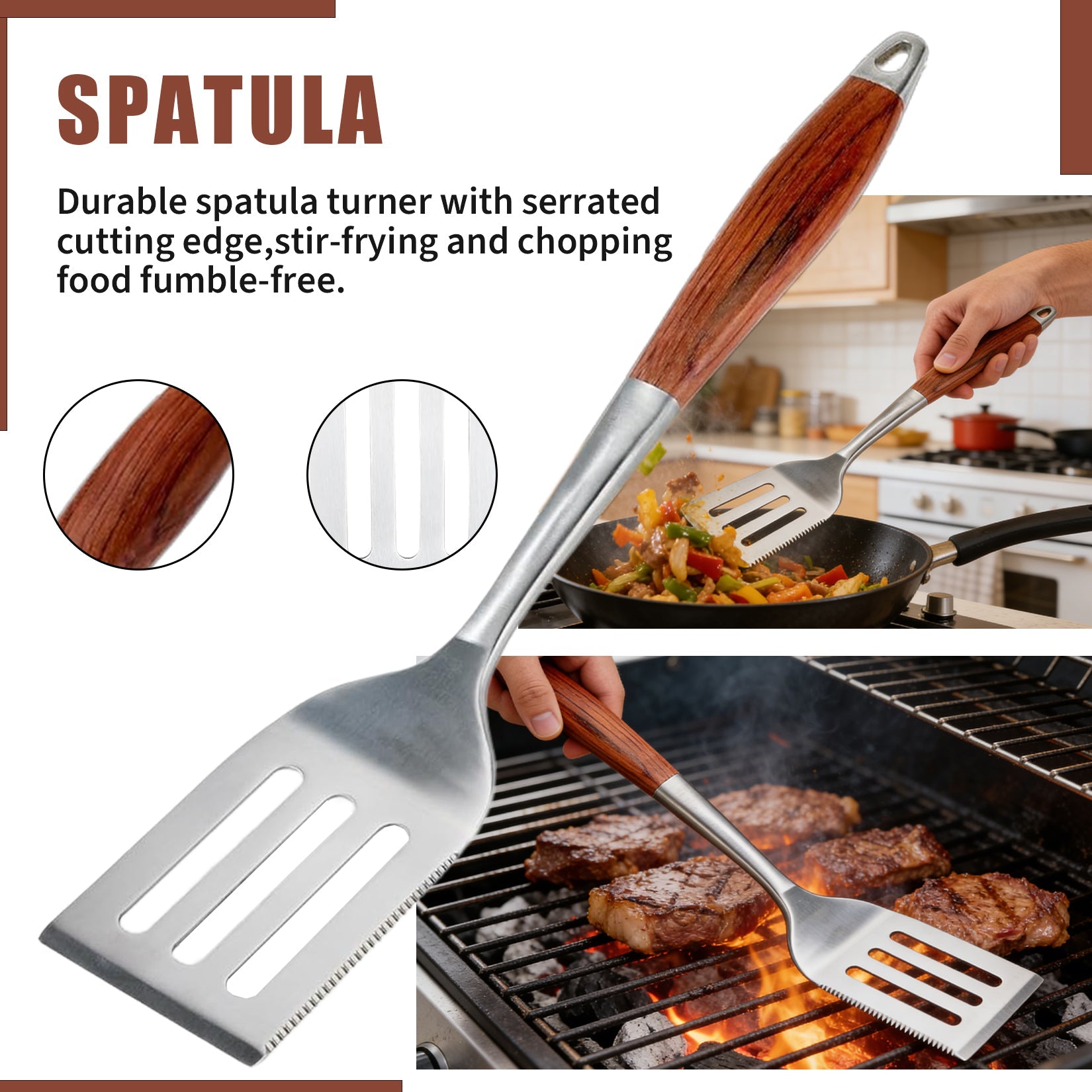 Garvee Heavy Duty Stainless Steel BBQ Grill Tool Set, 3-Piece with Heat Resistant Pear Wood Handles – Slotted Serrated Spatula, Meat Fork, Locking Tongs – Non-Slip Outdoor Grill Accessories for Barbecue, Camping – Color: Pear wood
