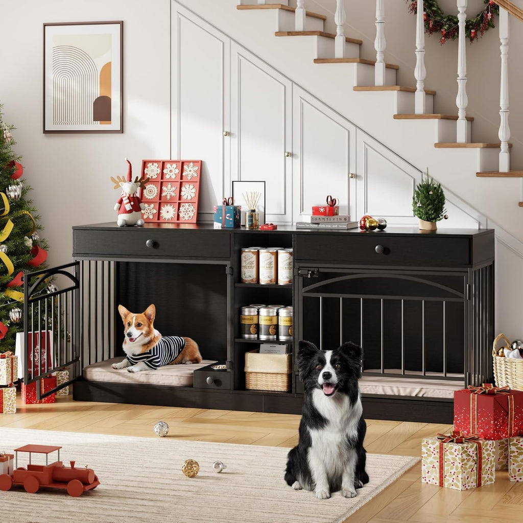 Garvee Dog Crate Furniture for 2 Dogs, 78.7" Large Dog Kennel Indoor with 2 Storage Drawers, 3 Shelves and Feeding Bowls, Double Dog Crate TV Stand for Small and Medium Dogs, Black