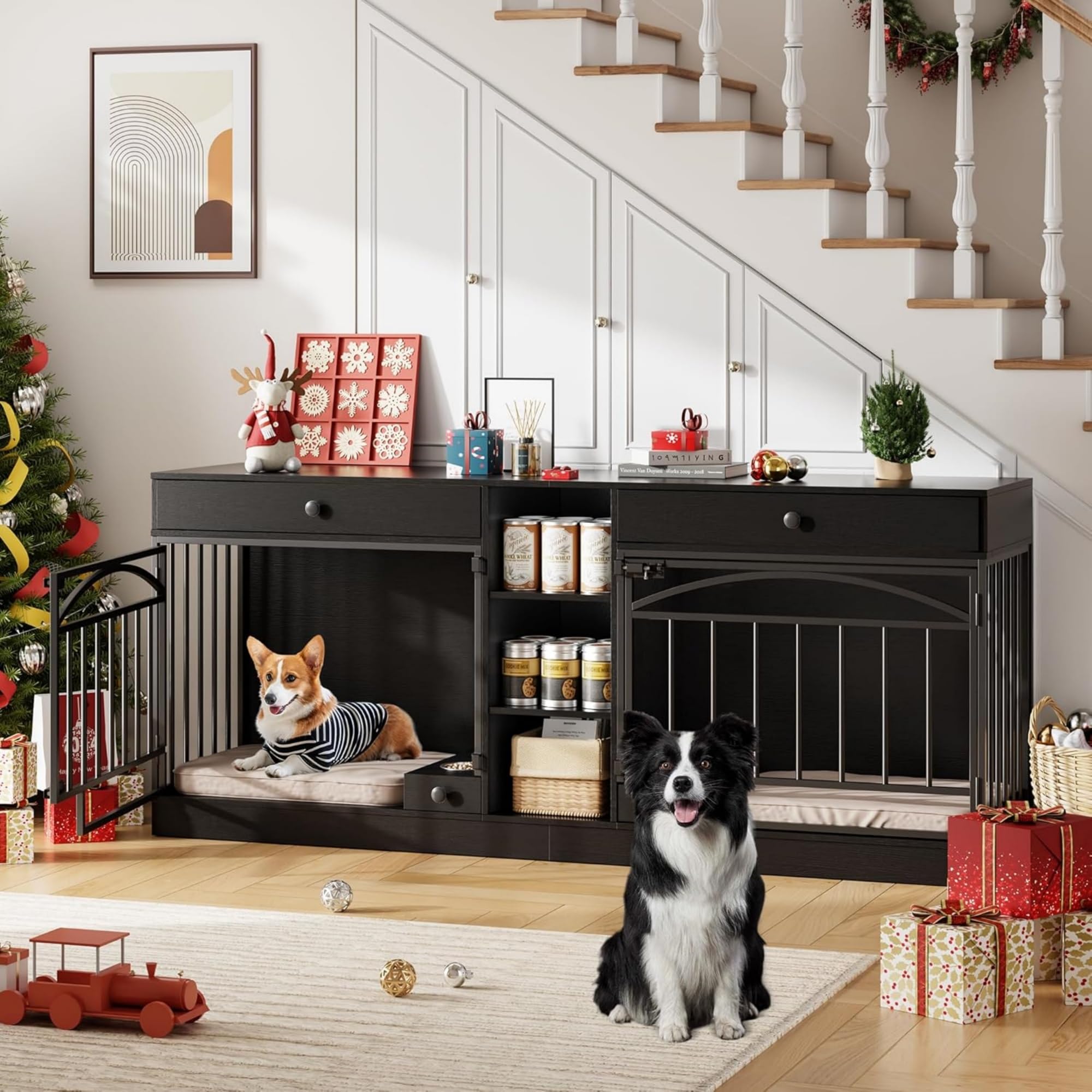 Garvee Dog Crate Furniture for 2 Dogs, 78.7" Large Dog Kennel Indoor with 2 Storage Drawers, 3 Shelves and Feeding Bowls, Double Dog Crate TV Stand for Small and Medium Dogs, Black
