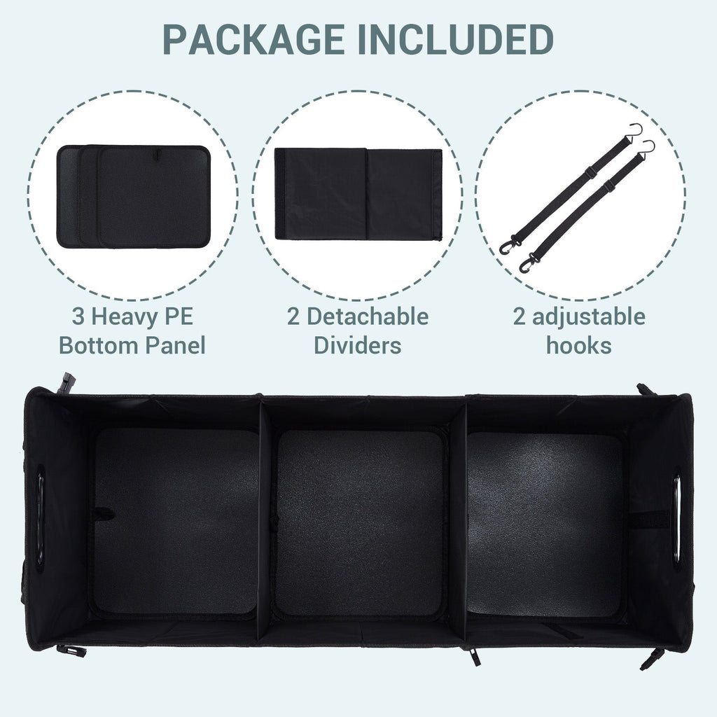 Garvee Heavy-Duty Car Trunk Organizer with Lid & Handles – Large Collapsible Storage Bag – Non-Slip, 3 Compartments – For SUV, Truck, Pickup Bed, Black Gray