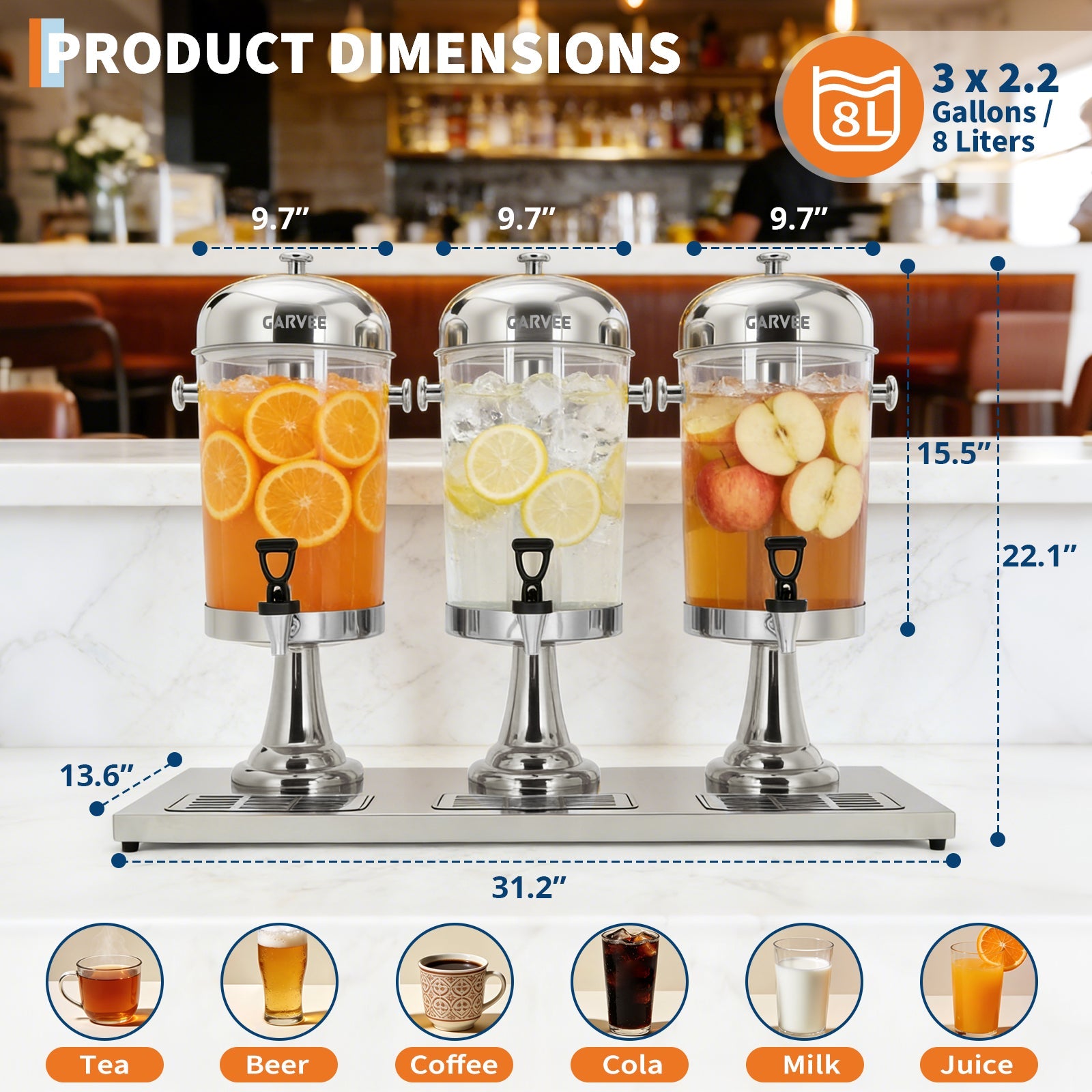Garvee 6.6 Gallon Commercial Drink Dispenser, Stainless Steel Beverage Dispenser with Ice Core, Stand & Spigot for Cold Juice, Iced Tea and Lemonade at Parties & Weddings, Silver