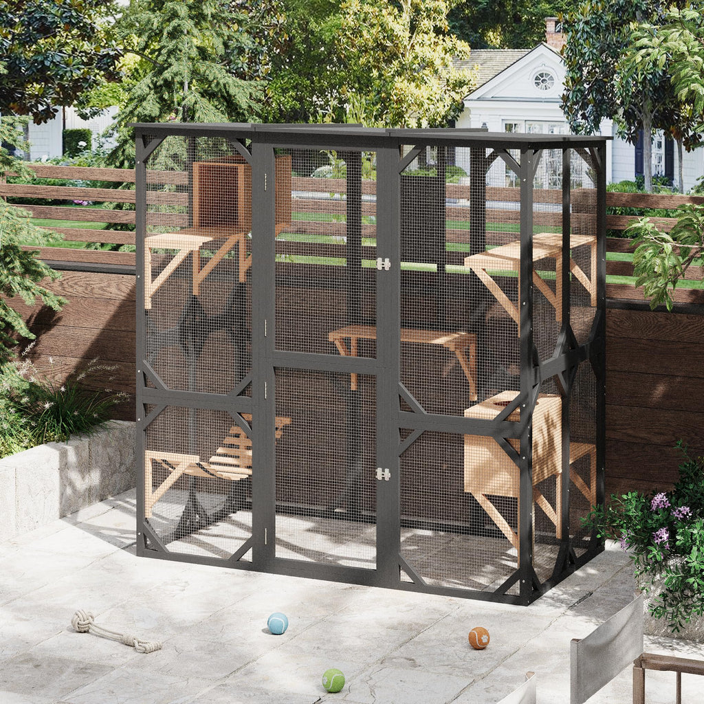 Garvee 70" Large Catio with Window Access, Outdoor Walk-in Cat Enclosure for Cats, Wooden Cat Patio with Asphalt Roof, Platforms, Scratch Post, Bridge & Condo Black