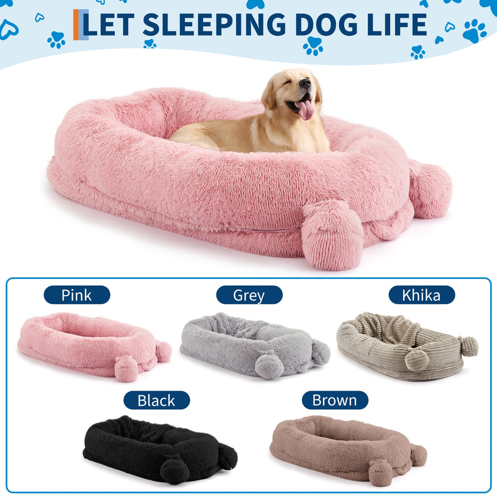 Garvee Human Dog Bed, 71 in x45 in x12 in Large Dog Bed with Blanket, Storage Pockets, Portable Handle, Removable Cover, Human Size Pet Bed for Adult, Pink