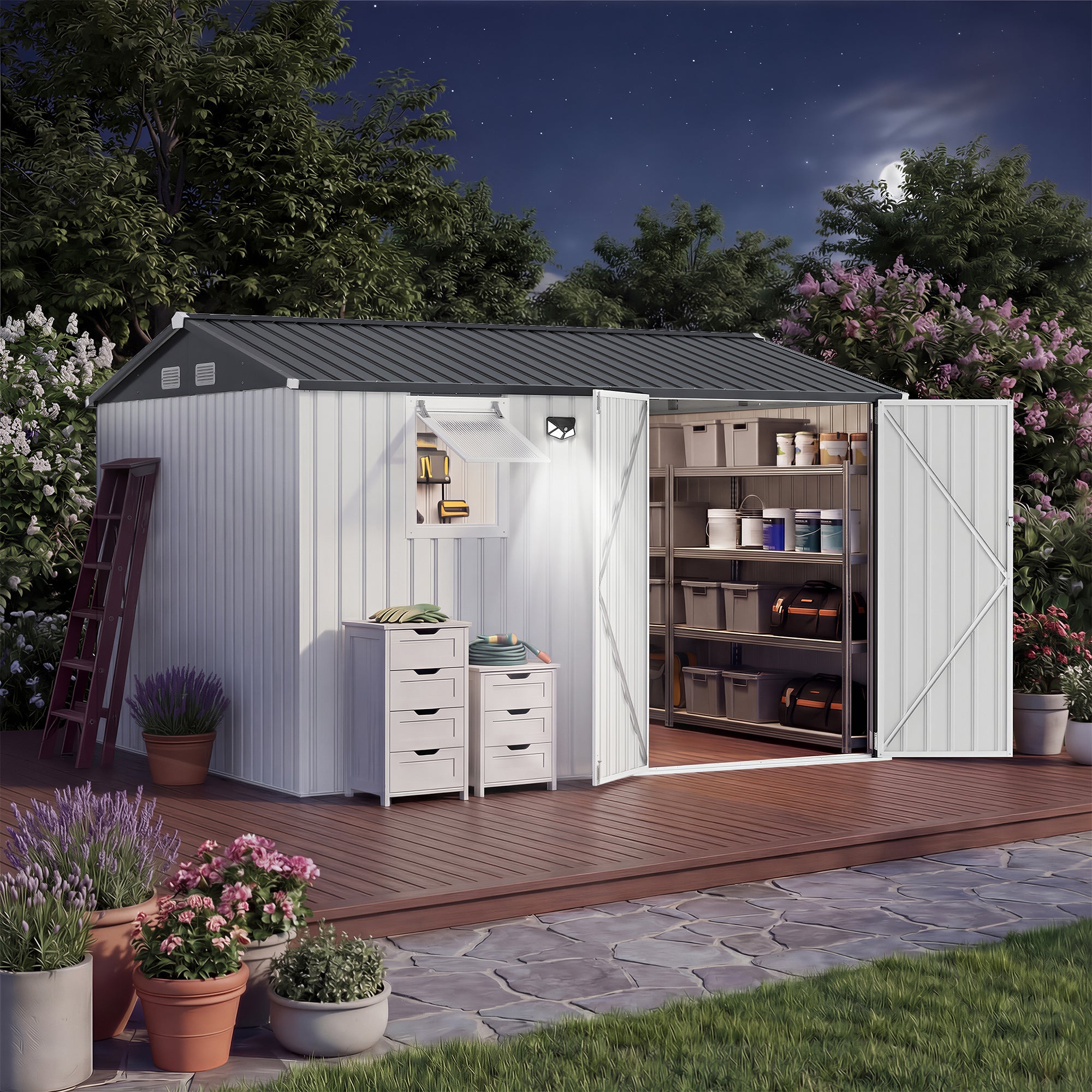 Garvee 10x8FT Metal Outdoor Storage Shed with Pushable Window, LED Light & Pegboard, Lockable Double Doors, Sloping Roof, Ventilation, Corrosion-Resistant Steel Garden Tool Shed for Patio, Backyard & Garage