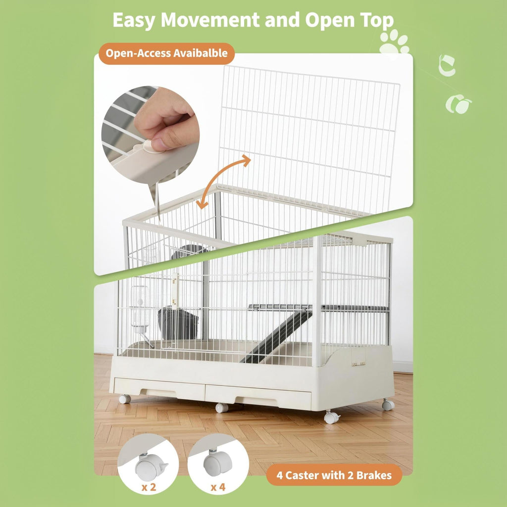 Garvee Small Animal Cage, Durable Large Rabbit Hutch, 33“ Small Animal Cage with 2 Removable Tray, Ramp, 6 Casters, Water & Hay Feeder, Indoor & Out Door Use for Rabbit, Hamster