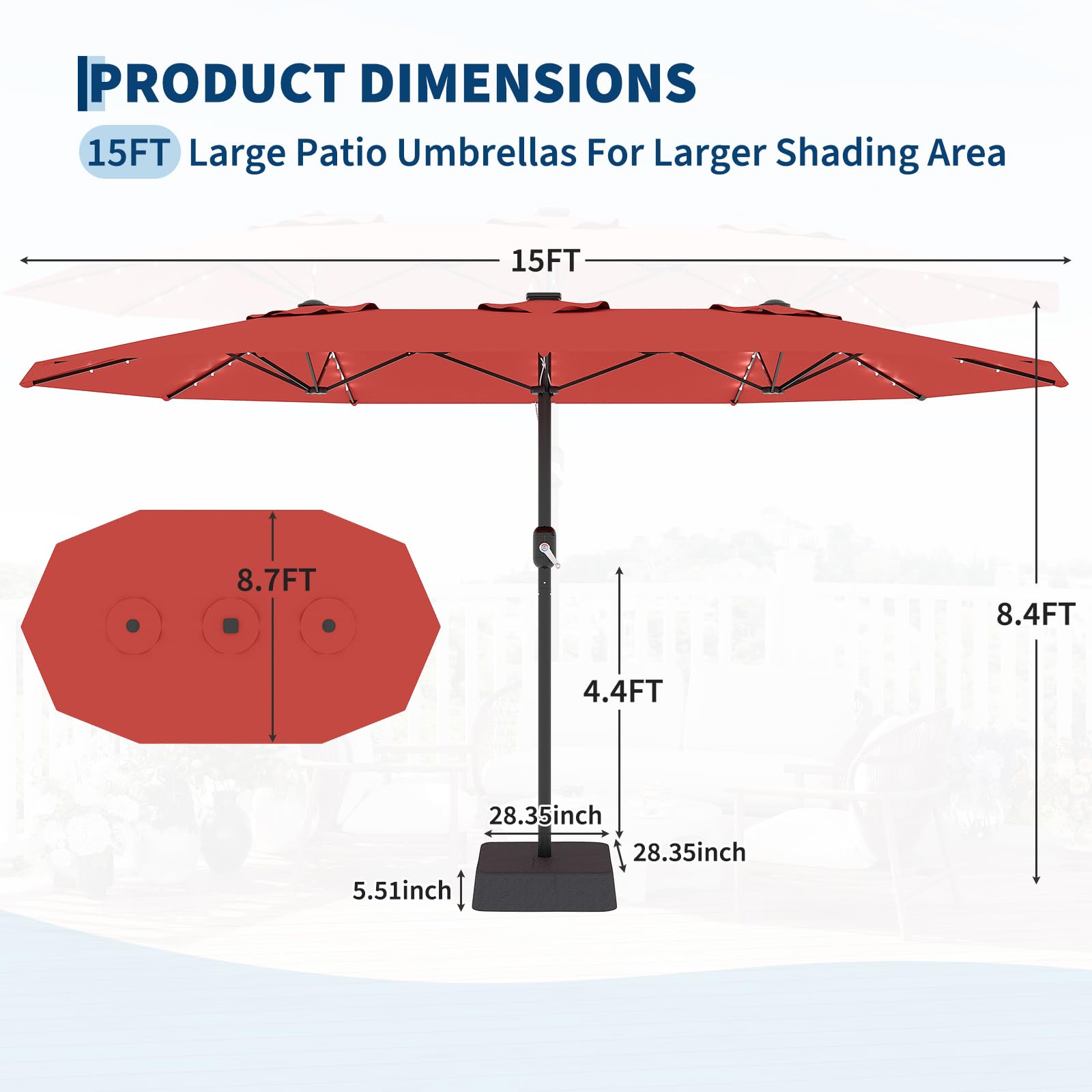 Garvee 15' Rectangular Patio Umbrella with Solar LED Lights & Base, Crank Handle UV-Resistant Outdoor Market Umbrella for Backyard, Pool & Patio, Red