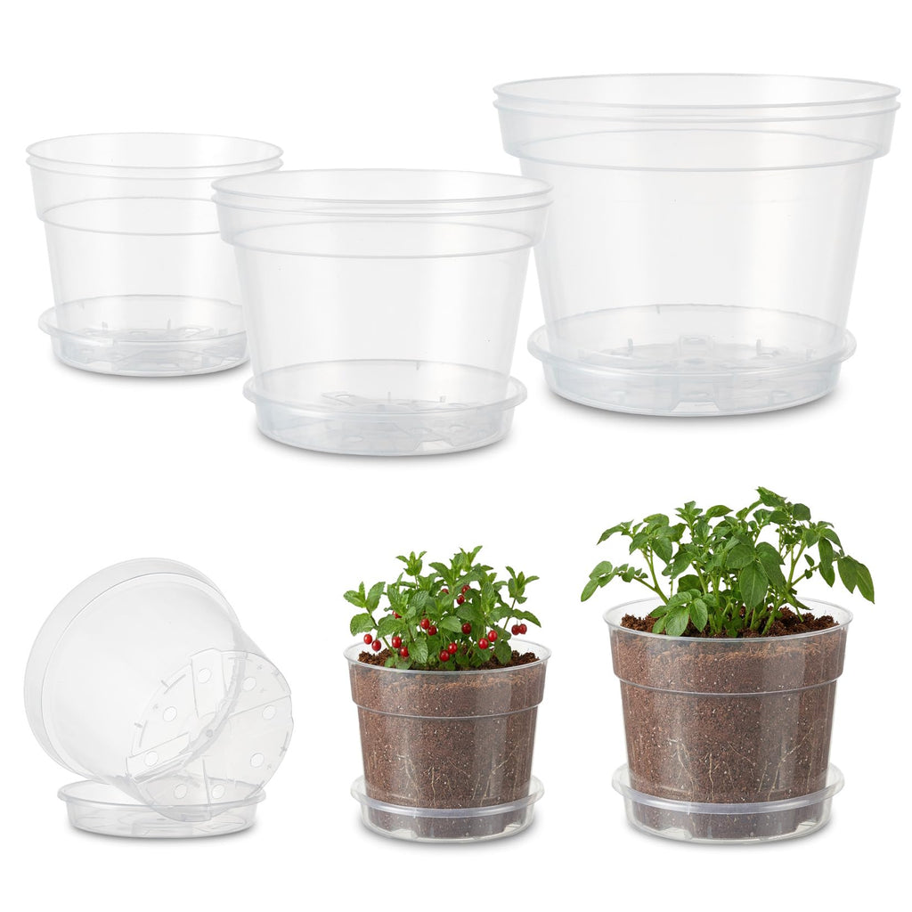 Garvee 6-Pack Clear Nursery Pots with Saucers, 6/8/10" Transparent Plastic Plant Pots with Drainage Holes, Thick Reusable Seed Starter Planters for Indoor & Outdoor Plants, Herbs, Flowers & Succulents