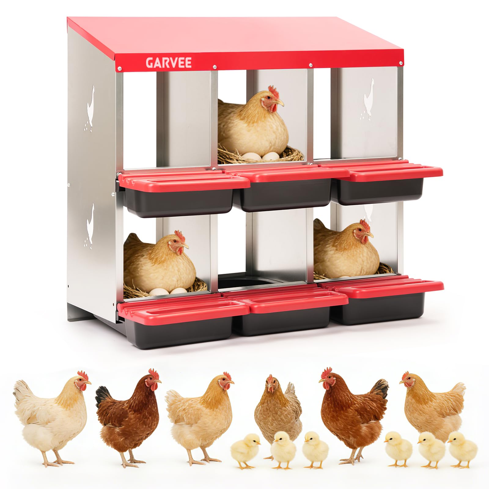 Garvee 6-Compartment Metal Chicken Nesting Box, Roll Away Poultry Laying Box with Sloped Anti-Perch Roof, 31.3"x12.8"x30.9", Red