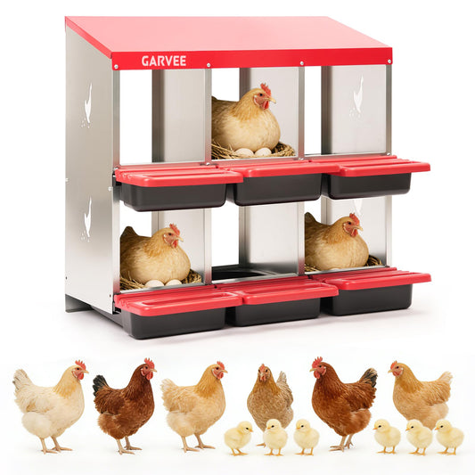 Garvee 6-Compartment Metal Chicken Nesting Box, Roll Away Poultry Laying Box with Sloped Anti-Perch Roof, 31.3"x12.8"x30.9", Red