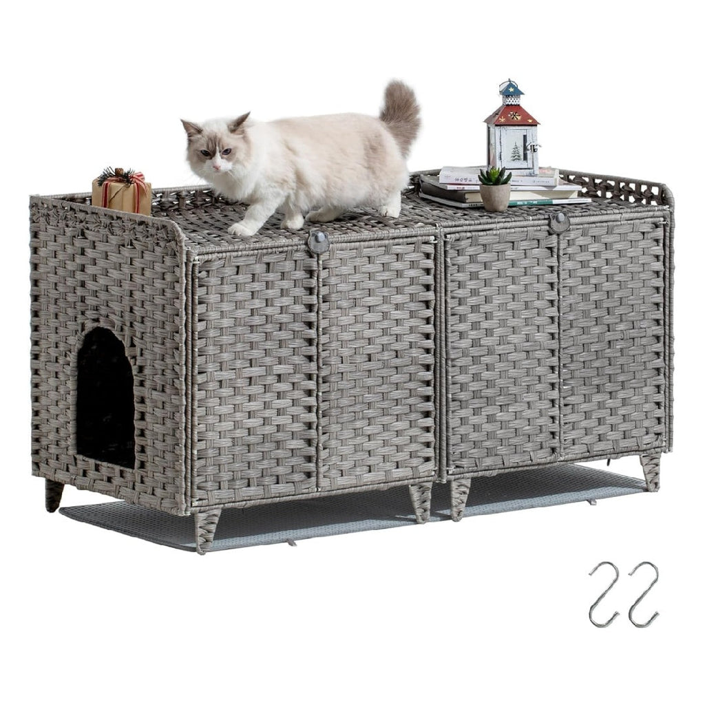 Garvee Double Litter Box Enclosure Furniture, Handwoven Rattan Litter Box Furniture for 2 Cats with Washable Litters Mat & 2 Hooks, Hidden Kitty Cat House for Living Room/Bedroom, Gray