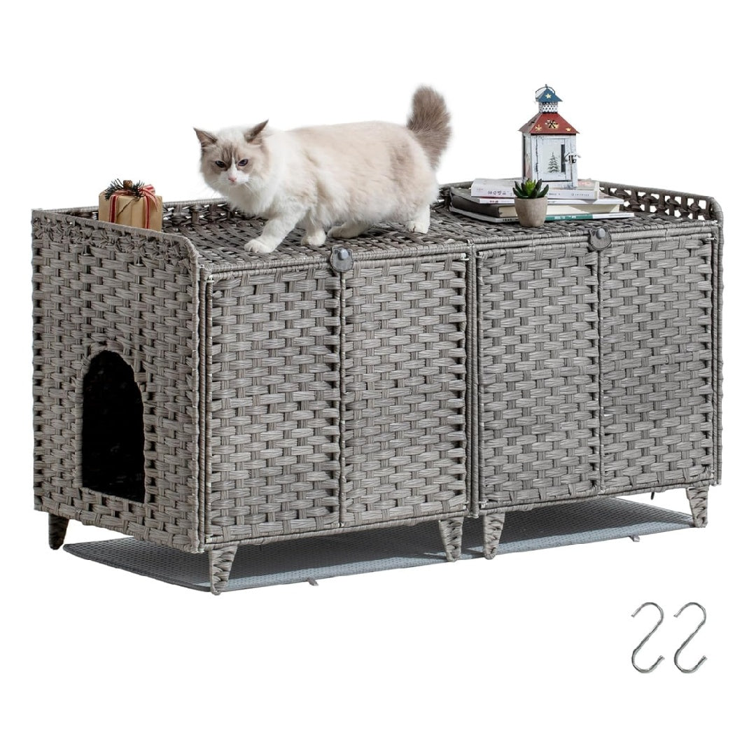 Garvee Double Litter Box Enclosure Furniture, Handwoven Rattan Litter Box Furniture for 2 Cats with Washable Litters Mat & 2 Hooks, Hidden Kitty Cat House for Living Room/Bedroom, Gray