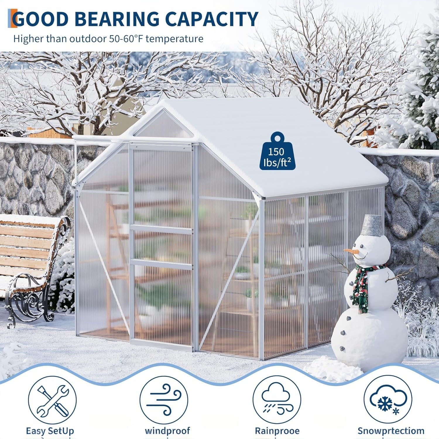 Garvee 6x6 FT Original Color Polycarbonate Greenhouse for Outdoor Use – Heavy Duty Aluminum Frame, Walk-In Design, Lockable Sliding Door, Adjustable Roof Vent, All-Weather Patio, Backyard, Garden Kit