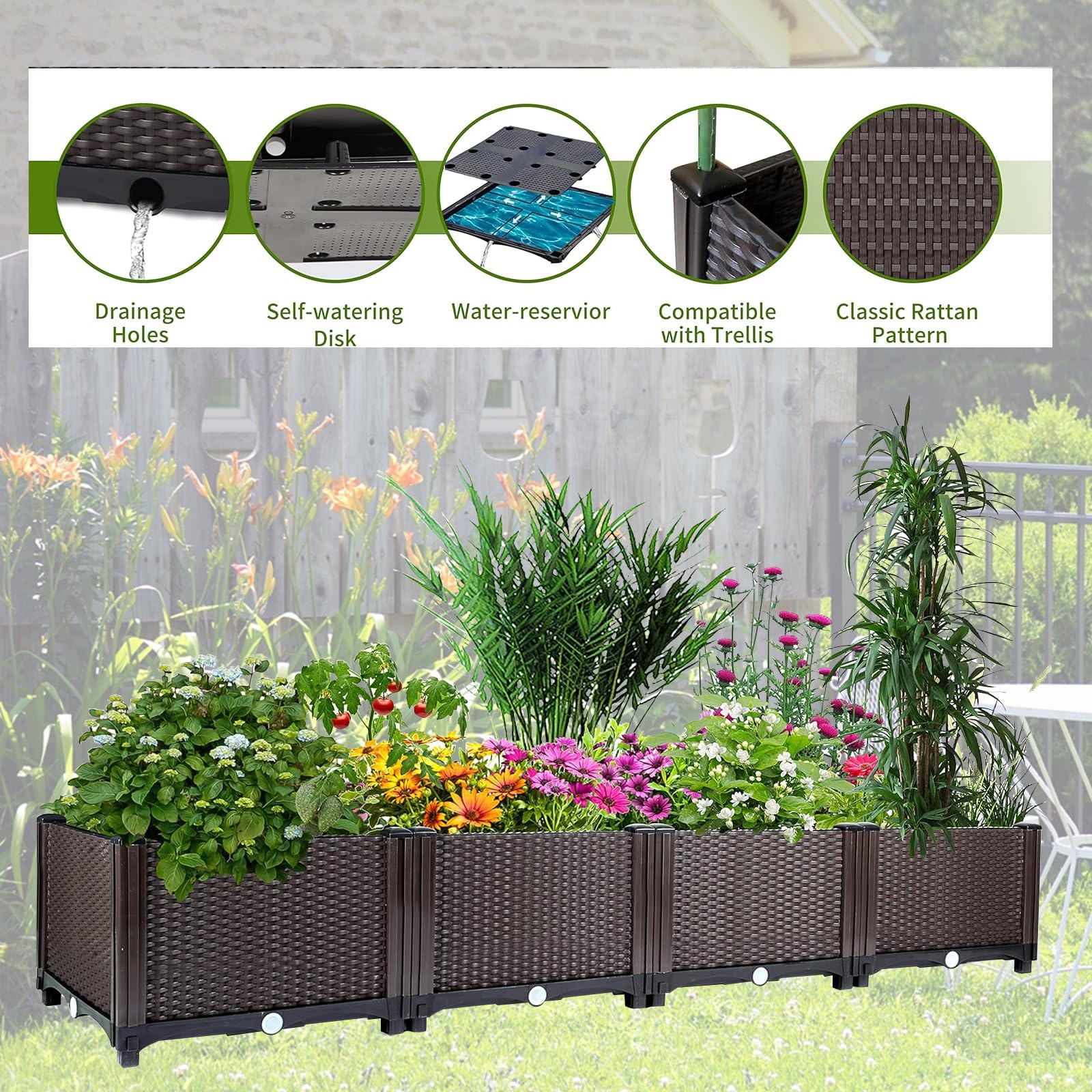 Garvee Large Brown Self-Watering Raised Garden Bed Planter Box – Deep Root Design, Drainage Plugs, Heat & Frost Resistant – Perfect for Patio, Deck, Balcony – Grow Vegetables, Flowers, Herbs – Color: Brown