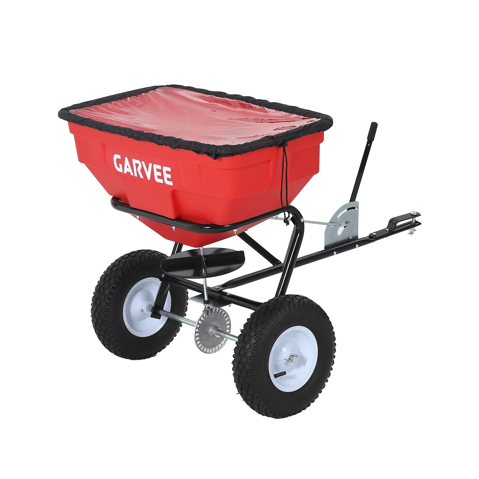 Garvee 130 lb Tow-Behind Broadcast Spreader, Heavy-Duty Lawn & Garden Spreader with 0–12 ft Coverage, Universal Hitch, 13" Pneumatic Tires & 20-Level Flow Control for ATV, UTV & Riding Mower, Red