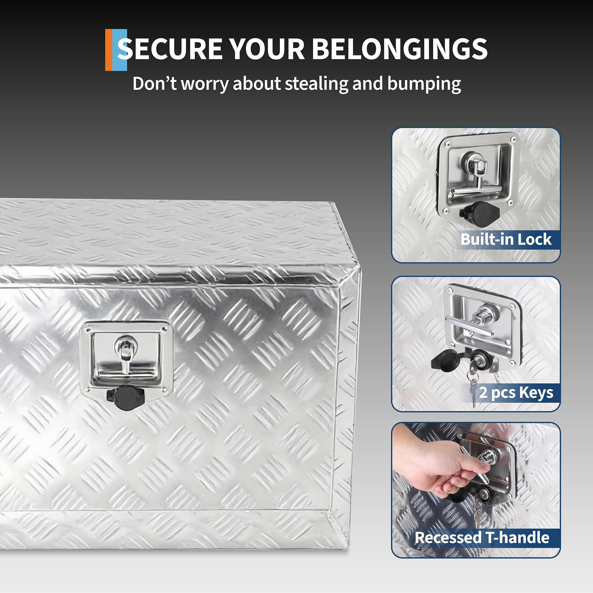 Garvee 24"x14"x16" Underbody Truck Tool Box - Heavy-Duty Aluminum Diamond Plate, Lockable Waterproof Design with T-Handle Latch and Keys for Pickup, Van, and Trailer, Silver