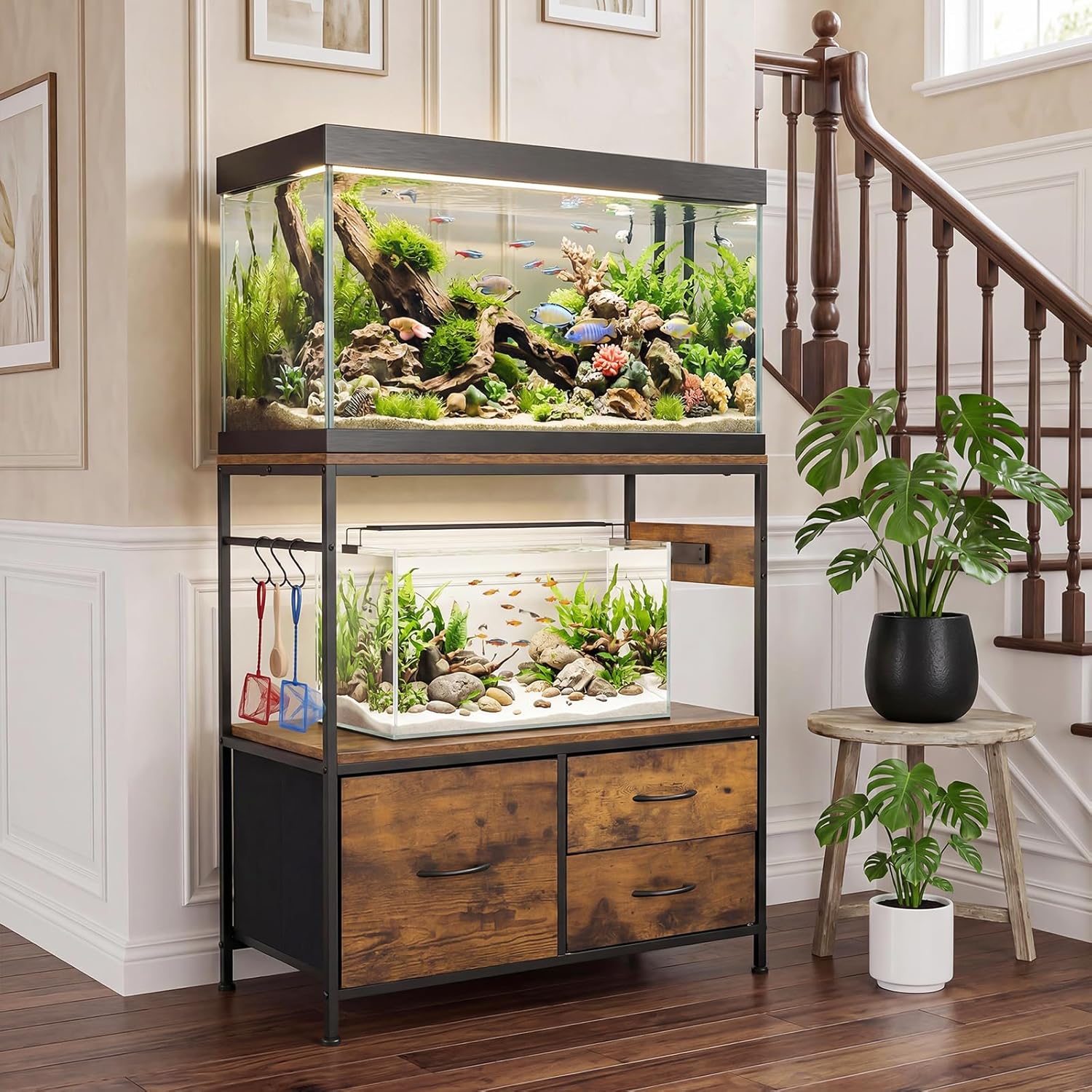 Garvee Fish Tank Stand, Metal Double Aquarium Stand with Cabinet, Heavy Duty Reptile Terrarium Stand
