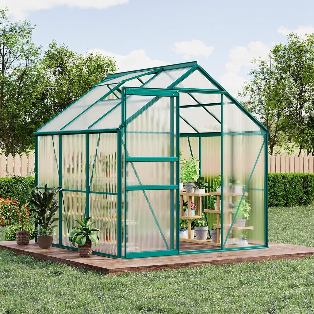 Garvee 6x6 FT Heavy Duty Polycarbonate Greenhouse Kit – Aluminum Frame, Lockable Sliding Door, Adjustable Roof Vent, Rain Gutter, Easy Setup, All-Weather Plant Greenhouse for Patio, Backyard, Garden