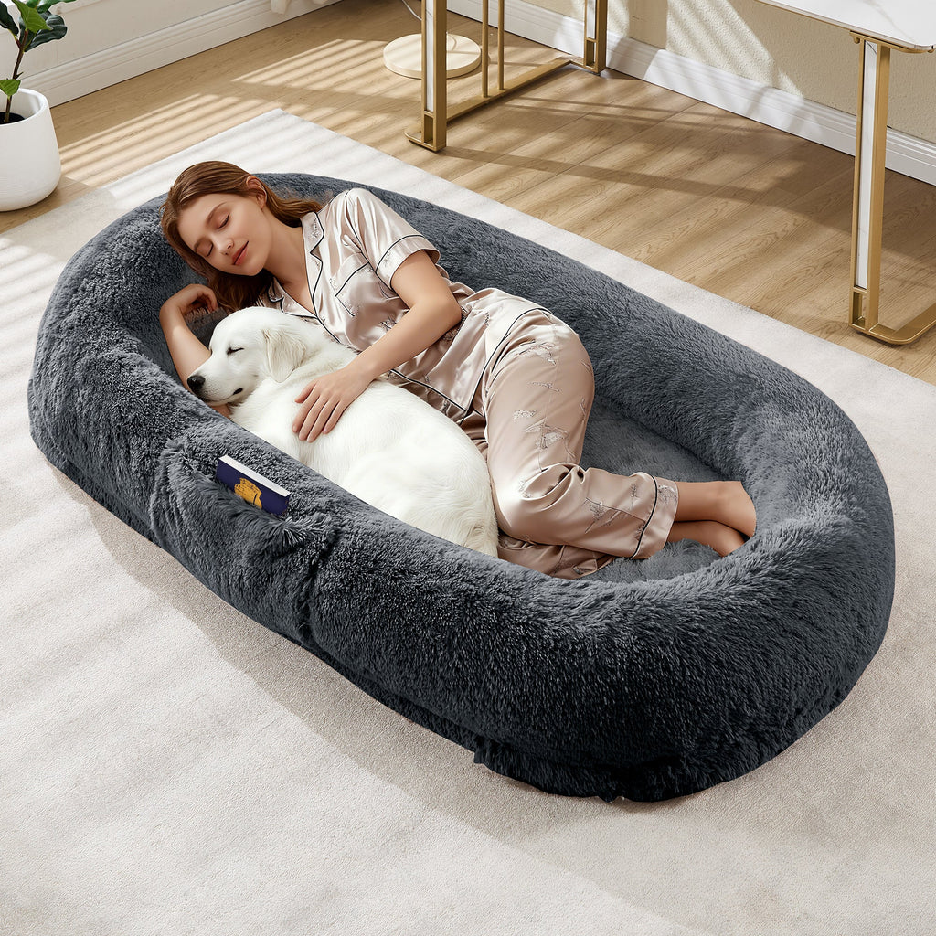 Garvee XL Orthopedic Memory Foam Dog Bed for Adults & Pets – Oversized Bean Bag Lounger, Washable Faux Fur, Side Pocket, Waterproof, No Assembly, Calming Nest for Anxiety Relief – Navy Blue