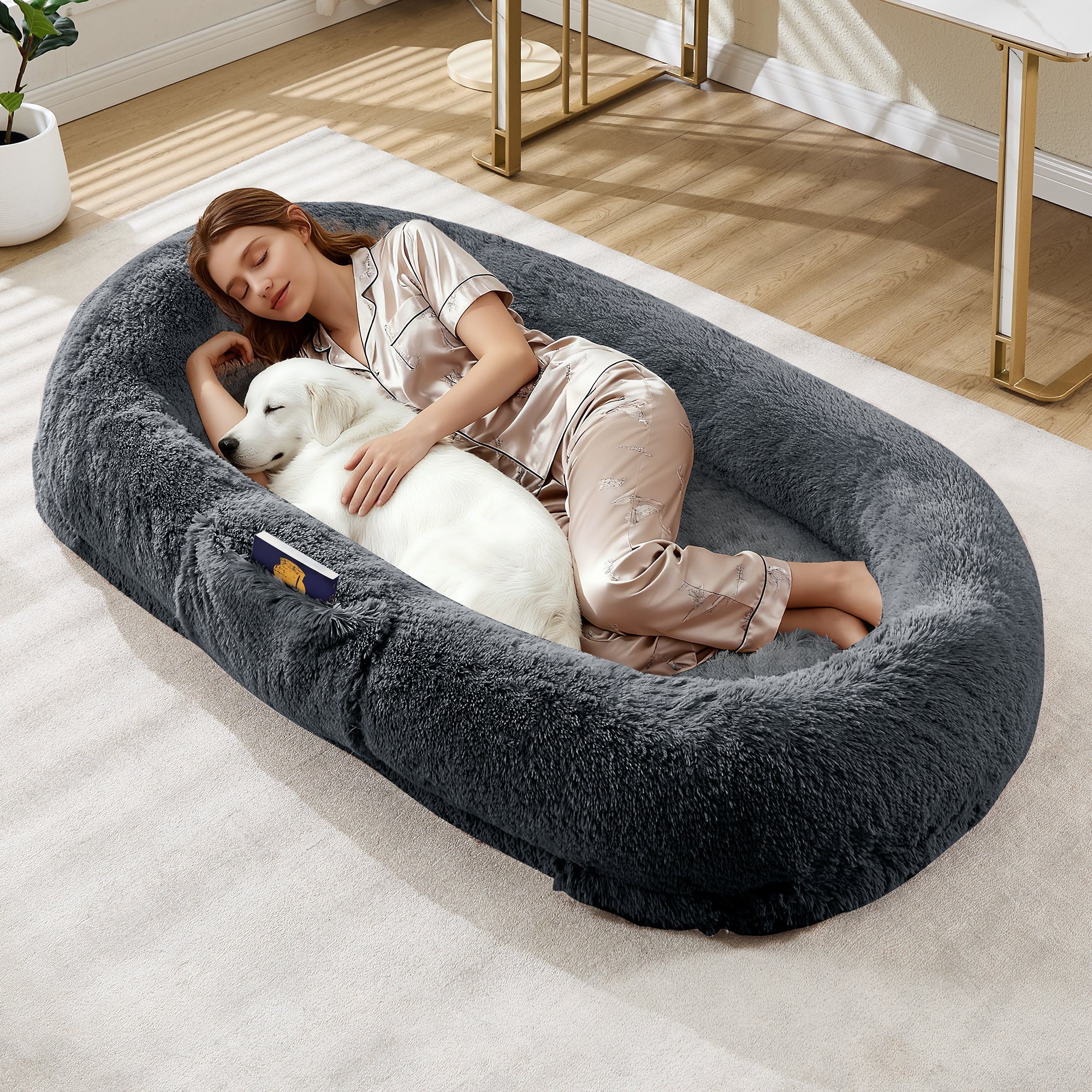 Garvee XL Orthopedic Memory Foam Dog Bed for Adults & Pets – Oversized Bean Bag Lounger, Washable Faux Fur, Side Pocket, Waterproof, No Assembly, Calming Nest for Anxiety Relief – Navy Blue