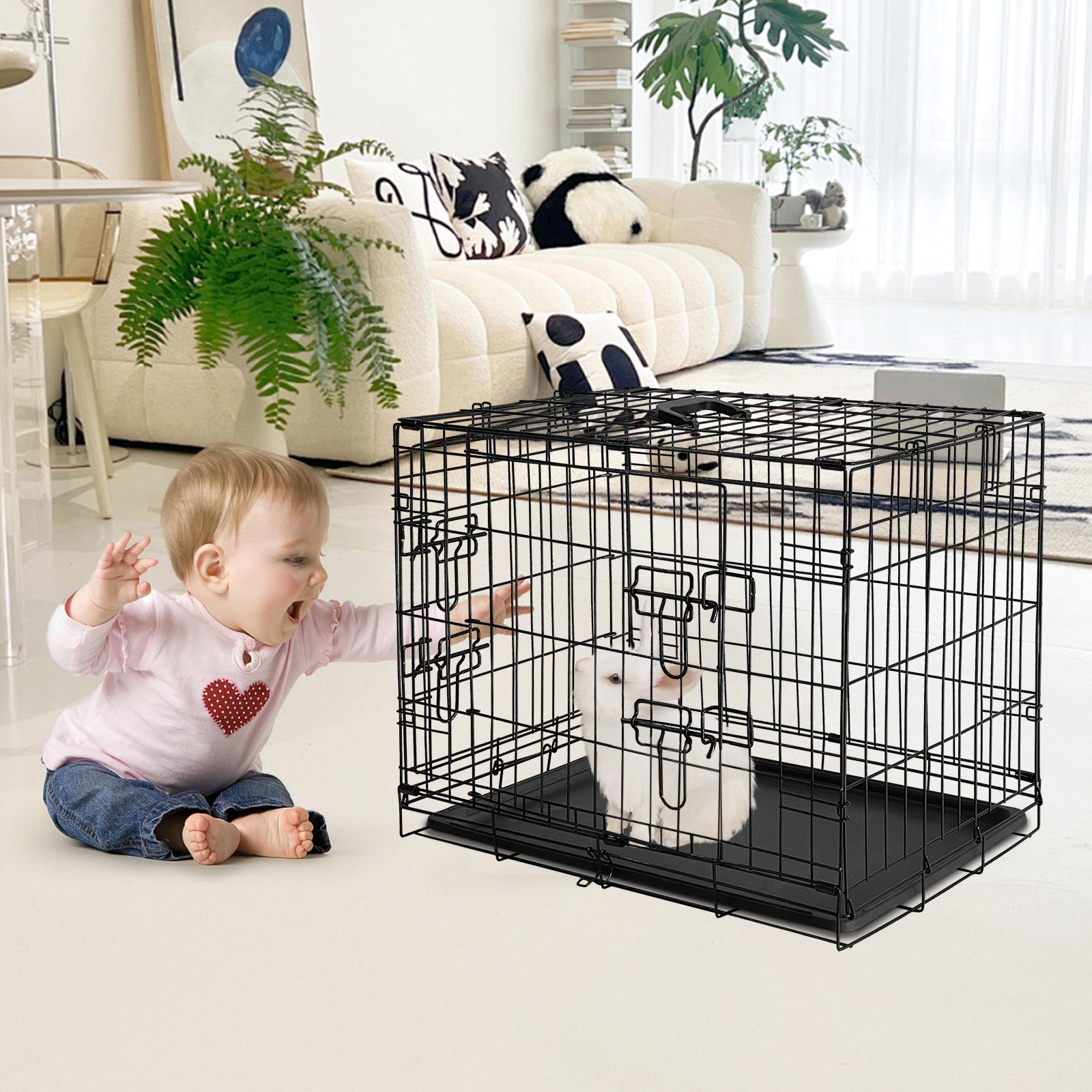Garvee Collapsible Metal Wire Cage for Small Animals - Durable Mesh Floor, Slide-Out Removable Tray, Double Door, Rust-Resistant - Indoor/Outdoor Carrier for Rabbits, Chinchillas, Guinea Pigs, Ferrets - Size: 60×44×49cm