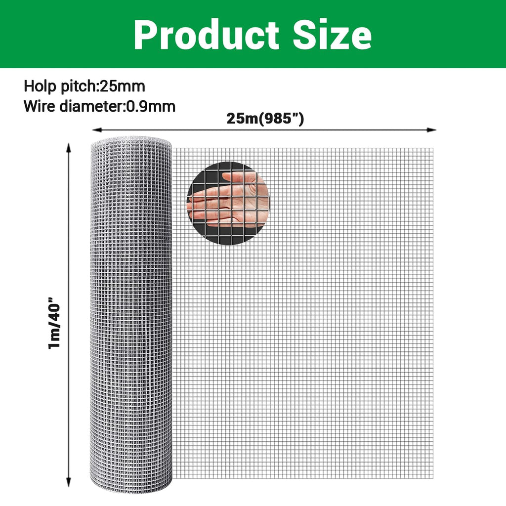 Garvee Galvanized Chicken Fence Wire Mesh Roll - 40" x 100" Hardware Cloth with 0.9mm Thickened Wire & 25mm Mesh for Garden Beds, Chicken Coops, and Animal Enclosures