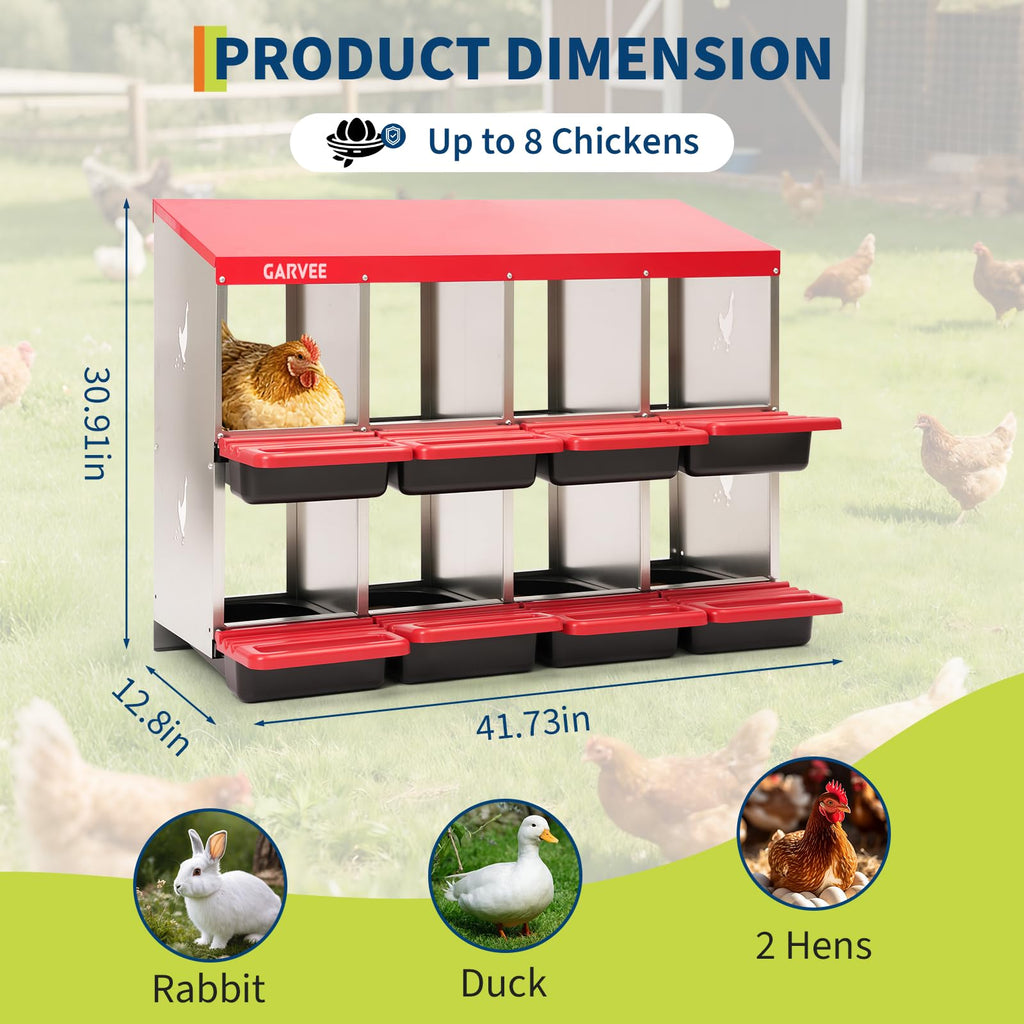 Garvee 8-Compartment Metal Chicken Nesting Box, Roll Away Poultry Laying Box with Sloped Anti-Perch Roof, 41.7"x12.8"x30.9", Red