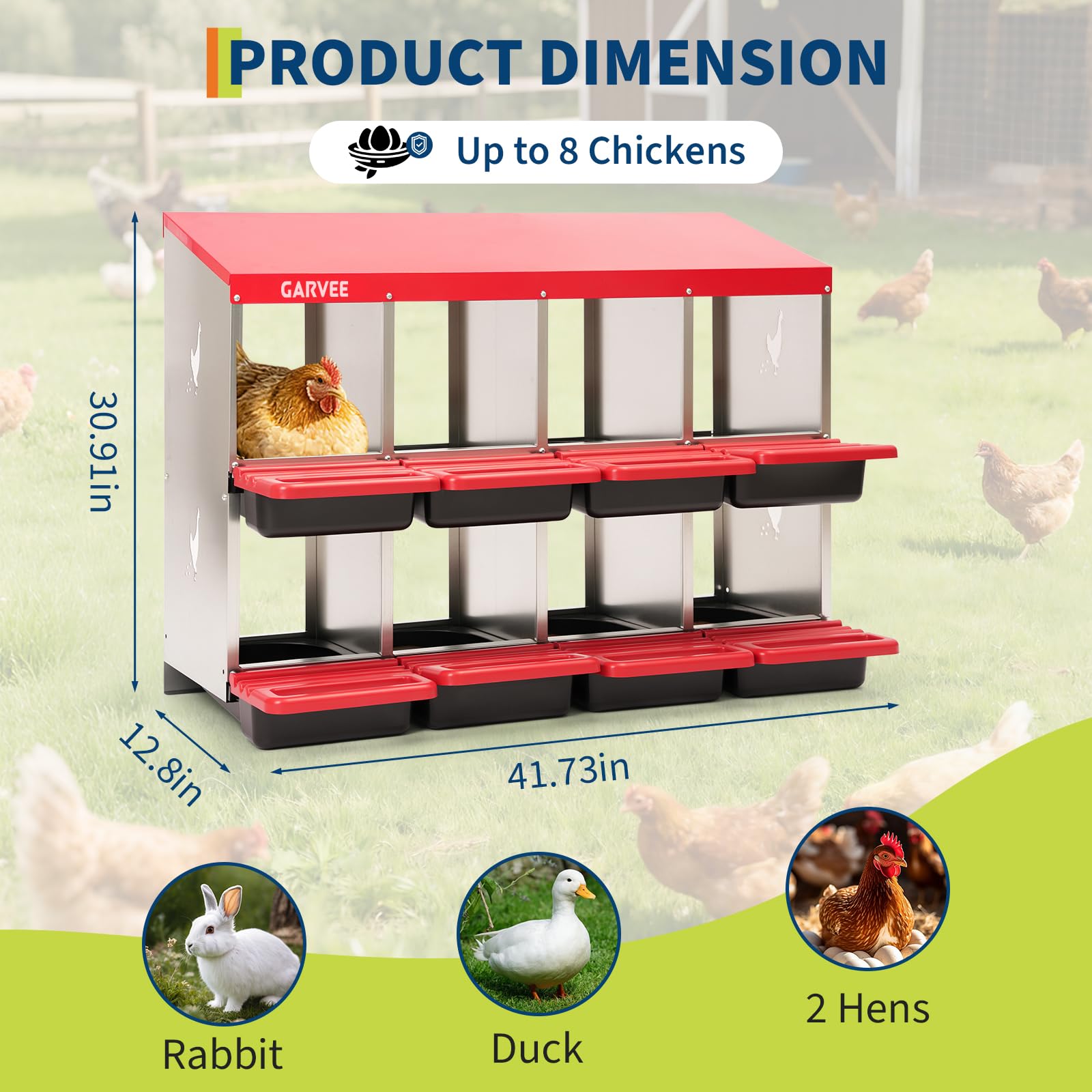 Garvee 8-Compartment Metal Chicken Nesting Box, Roll Away Poultry Laying Box with Sloped Anti-Perch Roof, 41.7"x12.8"x30.9", Red