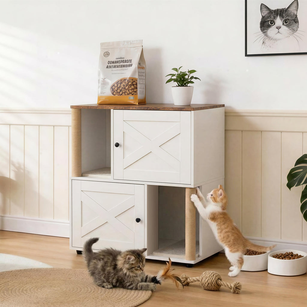 Garvee Double Cat Litter Box Enclosure Furniture – 2-Tier Hidden Litter Cabinet with Marking Post, Odor Control, Dual Mats, Dog-Proof, Multi-Cat Condo, End Table – X-Door White