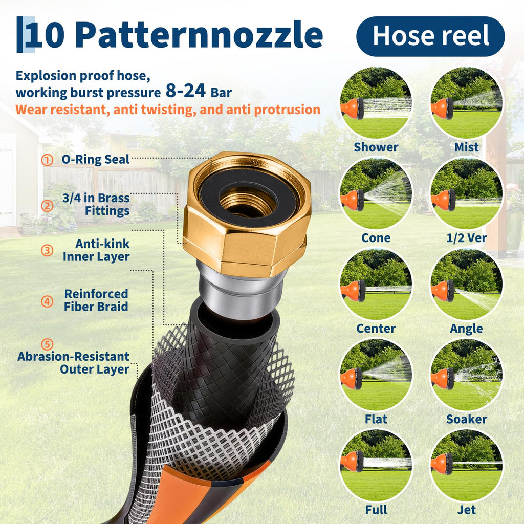 Garvee Retractable Garden Hose Reel, 1/2 in x 130 ft Heavy Duty Wall Mount Hose Reel with 10-Function Nozzle, Any-Length Lock, Auto Slow Rewind & 180° Swivel Bracket