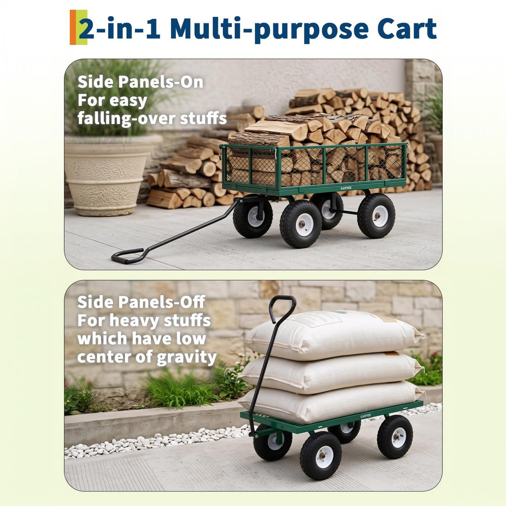 Garvee 800LBS Green Heavy Duty Steel Garden Cart Wagon with 10" Pneumatic Tires, Removable Mesh Sides, 180° Rotating Handle & Waterproof Bag, Utility Yard Trailer for Lawn, Garden & Farm