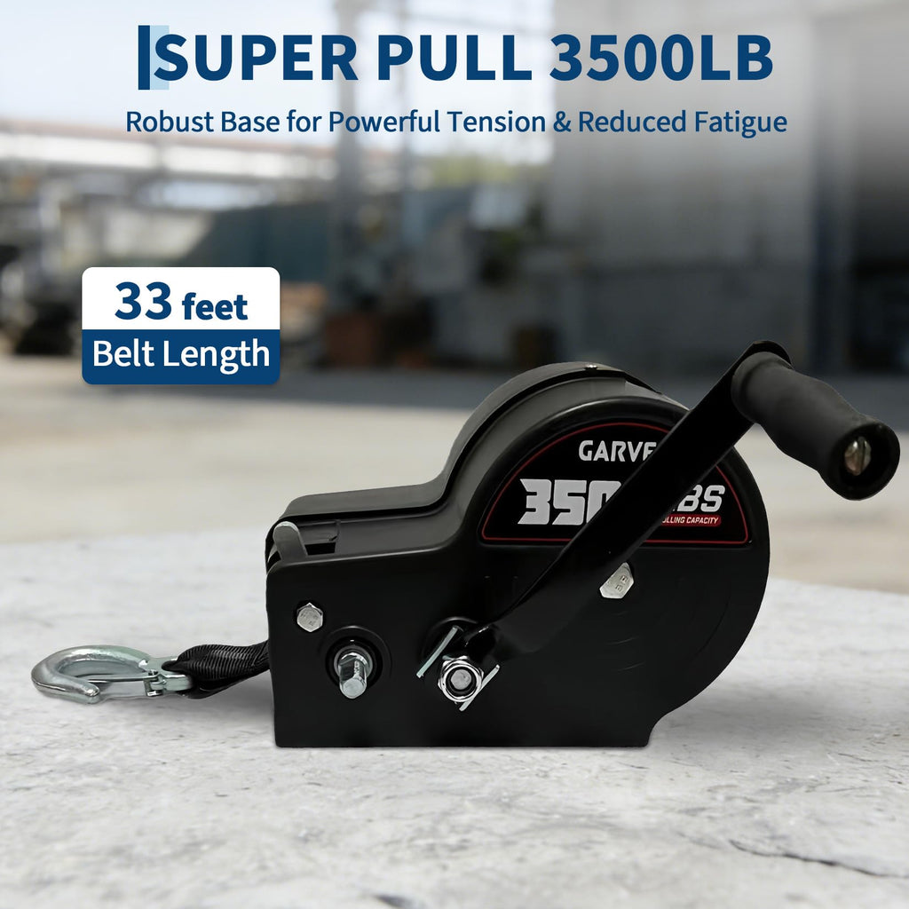 Garvee 3500 lbs Heavy-Duty Boat Trailer Winch - Hand Crank Winch with 33ft Strap, 4:1/8:1 Gear Ratio for Towing and Pulling Boats, Trailers, Trucks, RVs, ATVs, Jet Skis, and Off-Road Recovery, Black