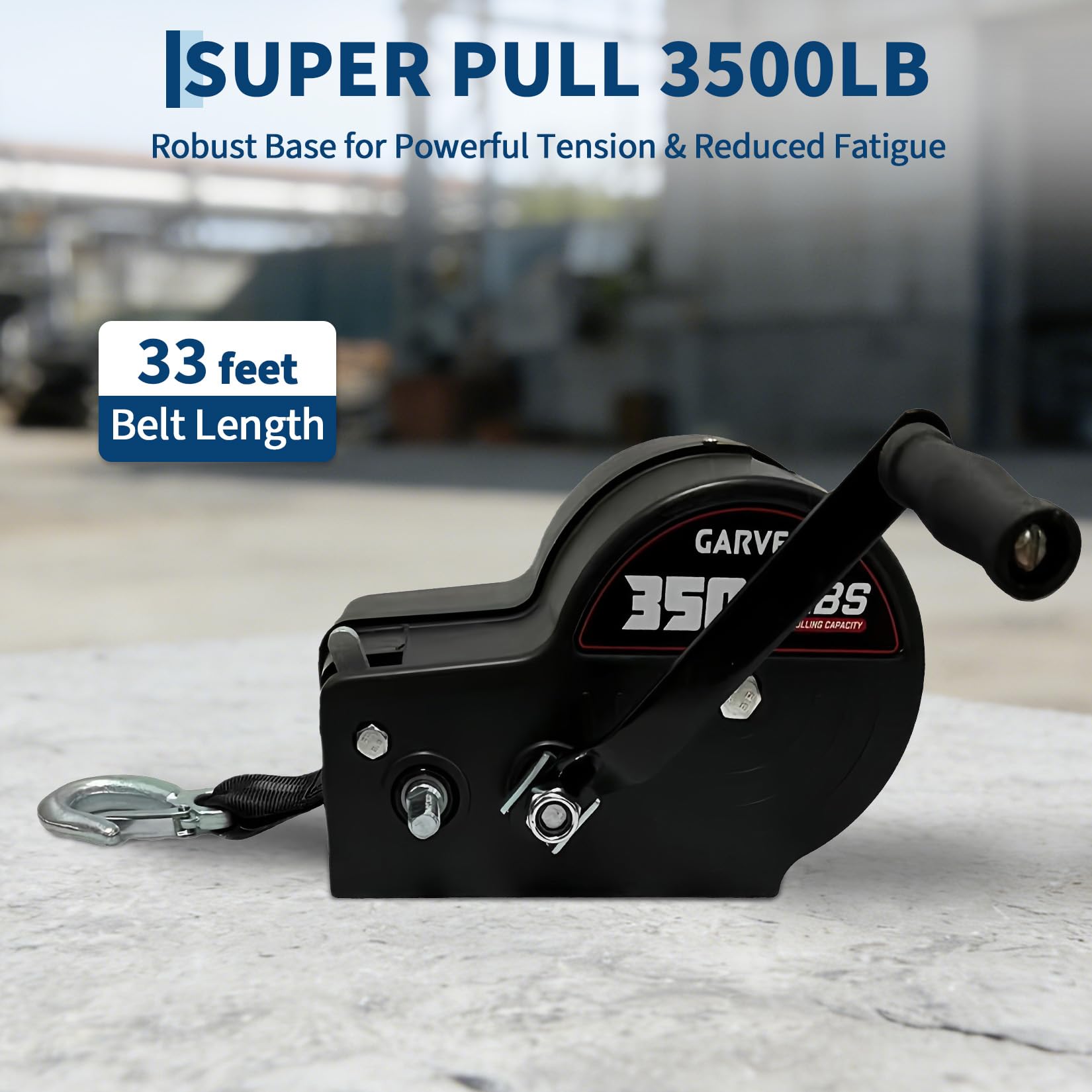 Garvee 3500 lbs Heavy-Duty Boat Trailer Winch - Hand Crank Winch with 33ft Strap, 4:1/8:1 Gear Ratio for Towing and Pulling Boats, Trailers, Trucks, RVs, ATVs, Jet Skis, and Off-Road Recovery, Black