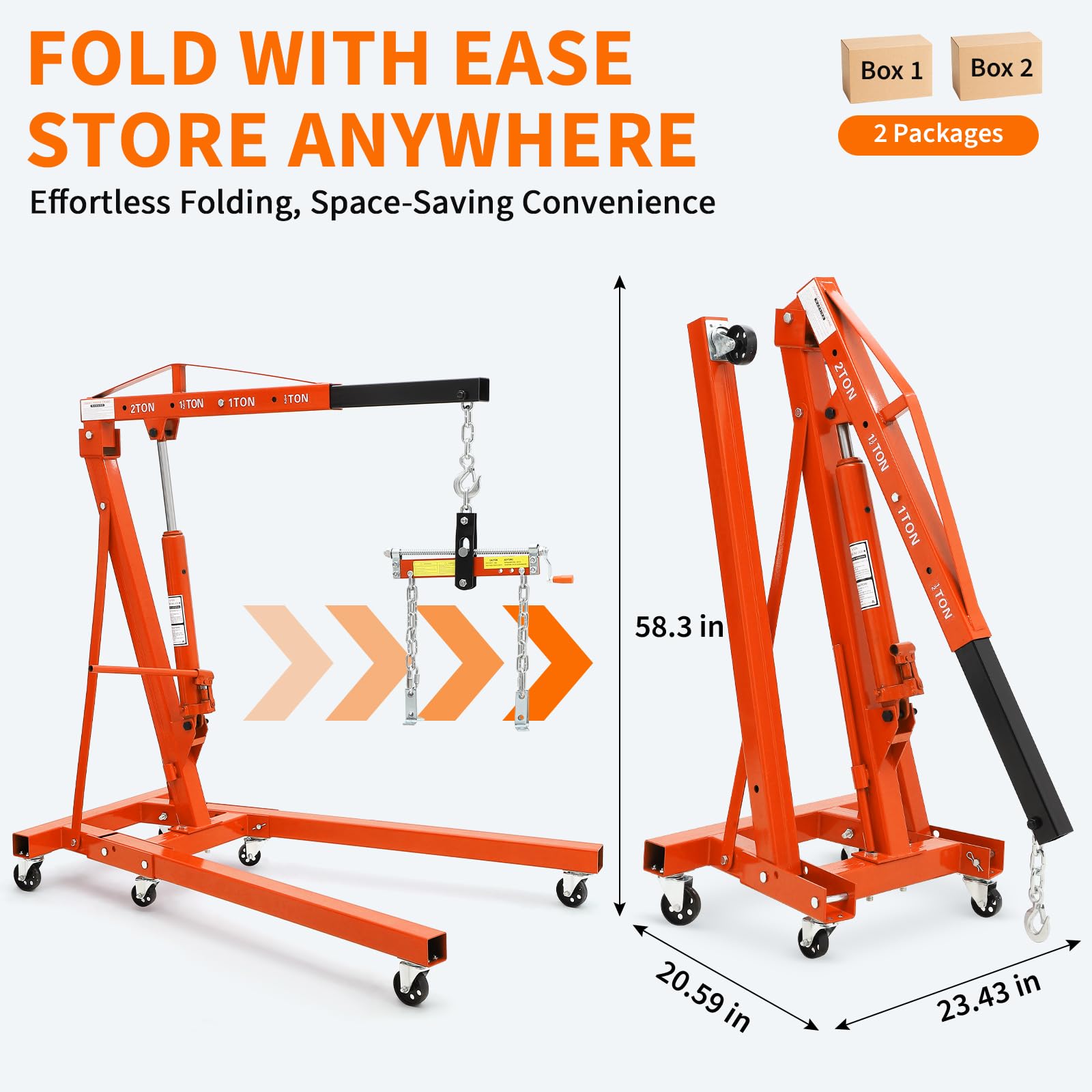 Garvee 2-Ton Folding Hydraulic Engine Hoist with Load Leveler, 4400 lbs Capacity, Heavy-Duty Cherry Picker with 6 Swivel Wheels, Hydraulic Pump, and Adjustable Boom (0.5T-2T), for Garage, Workshop, and Warehouse, Orange