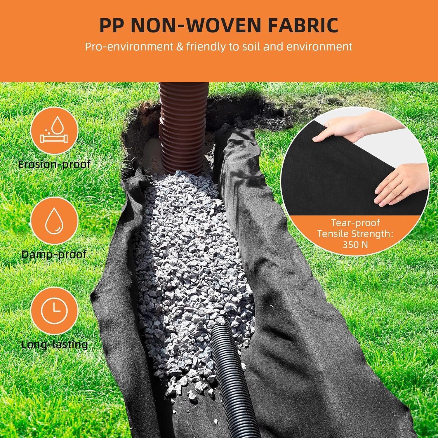 Garvee Geotextile Fabric, 6 FT x 100 FT 6 oz Nonwoven PP, 350 N Tensile Strength & 440 N Load Rating for Driveways, French Drains & Erosion Control