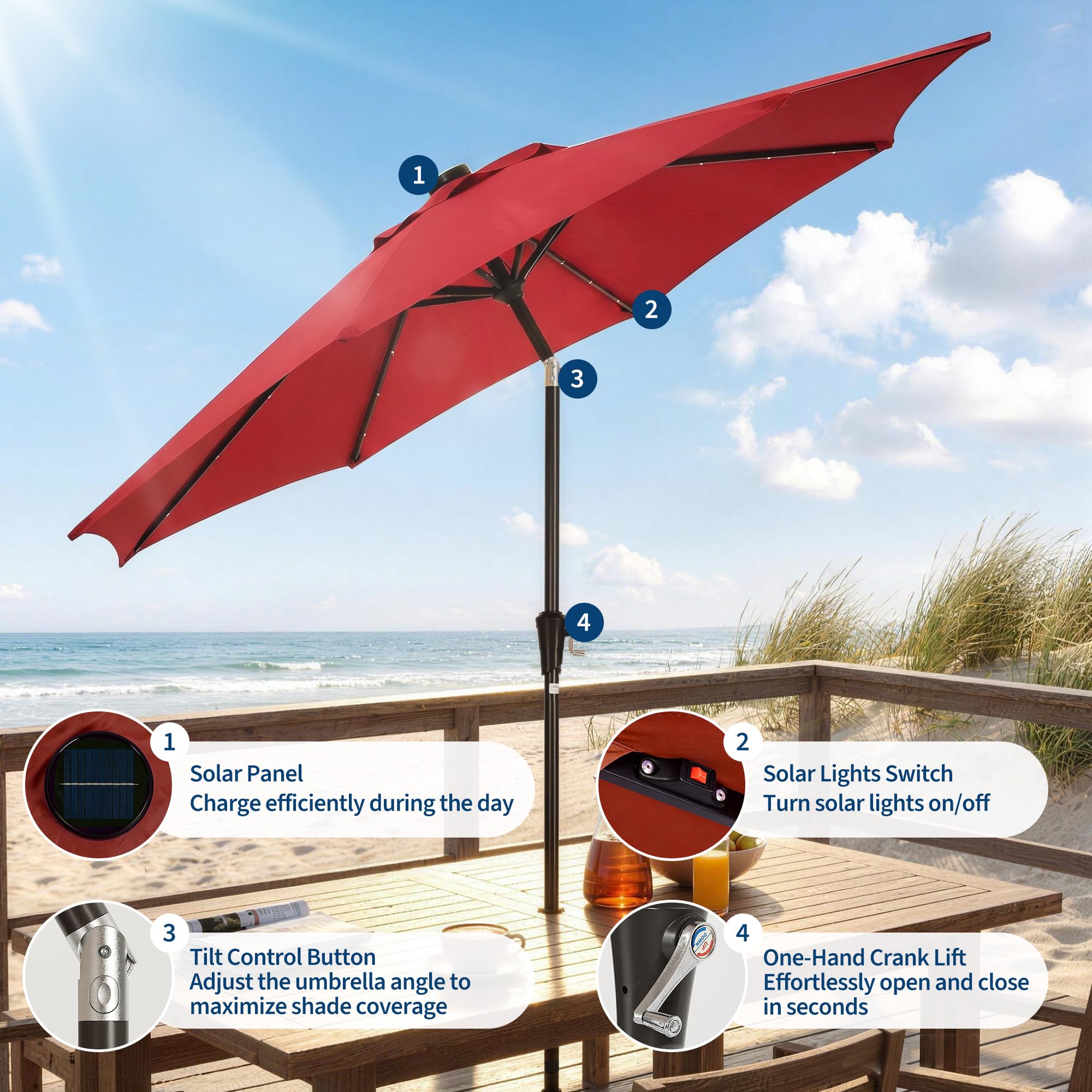 Garvee 9 FT Solar LED Patio Umbrella, Outdoor Market Table Umbrella with Tilt & Crank, 32 Lights, 8 Iron Ribs, UV Sun Shade for Garden, Deck & Pool, Red