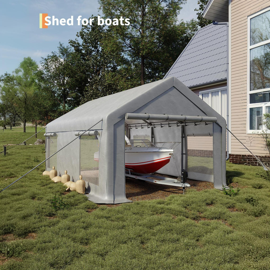 Garvee 12' × 20' Portable Garage, 200 GSM PE Carport Canopy with Reinforced Steel Frame, 2 Roll-Up Doors, 4 Mesh Windows, White
