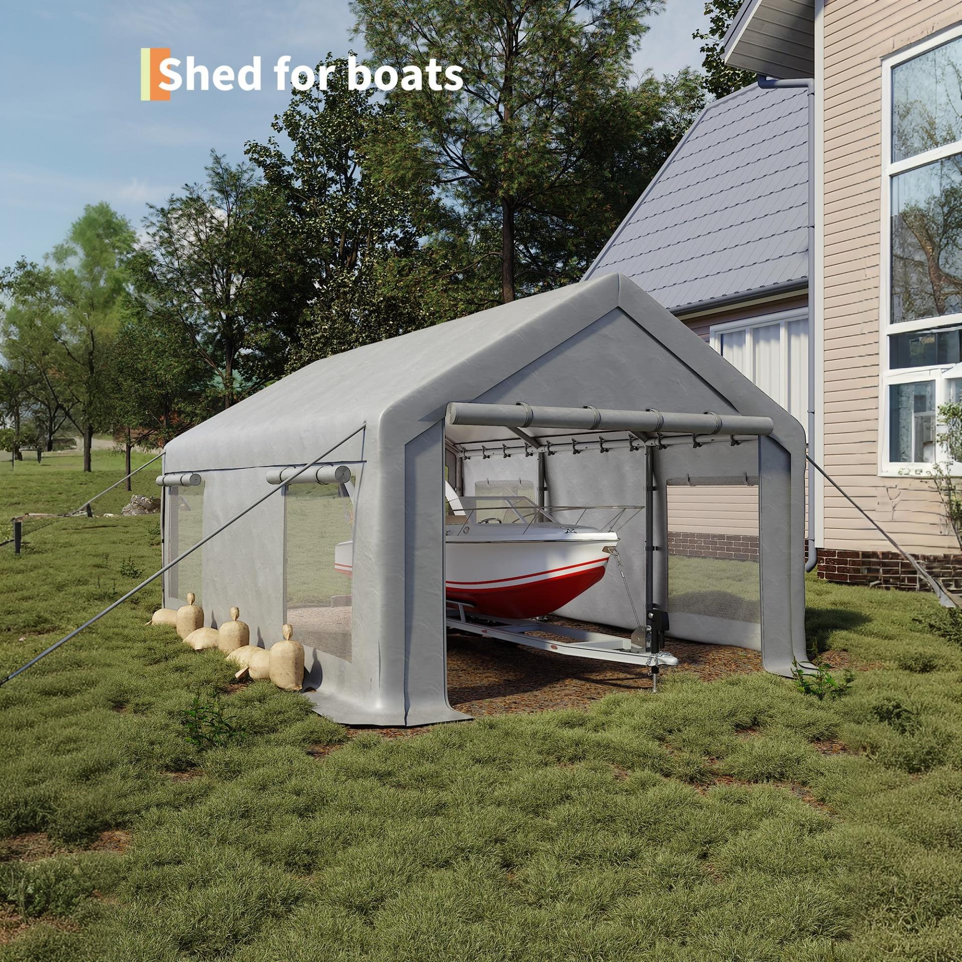 Garvee 12' × 20' Portable Garage, 200 GSM PE Carport Canopy with Reinforced Steel Frame, 2 Roll-Up Doors, 4 Mesh Windows, White