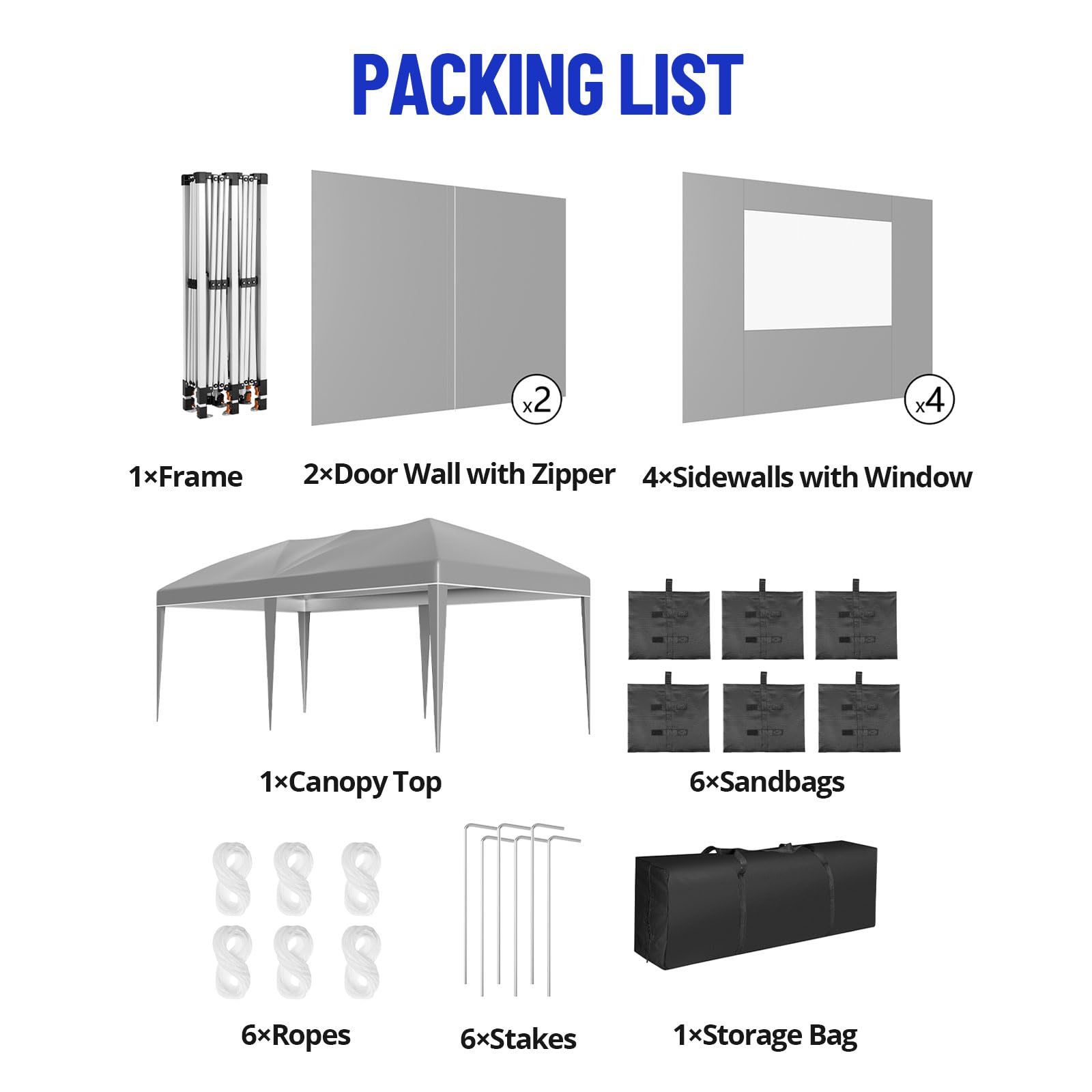 Garvee Gray 10' x 20' Pop Up Canopy Tent, Heavy Duty Waterproof Event Shelter with 6 Sidewalls, UPF 50+ Oxford Fabric, Adjustable Height & Wheeled Bag