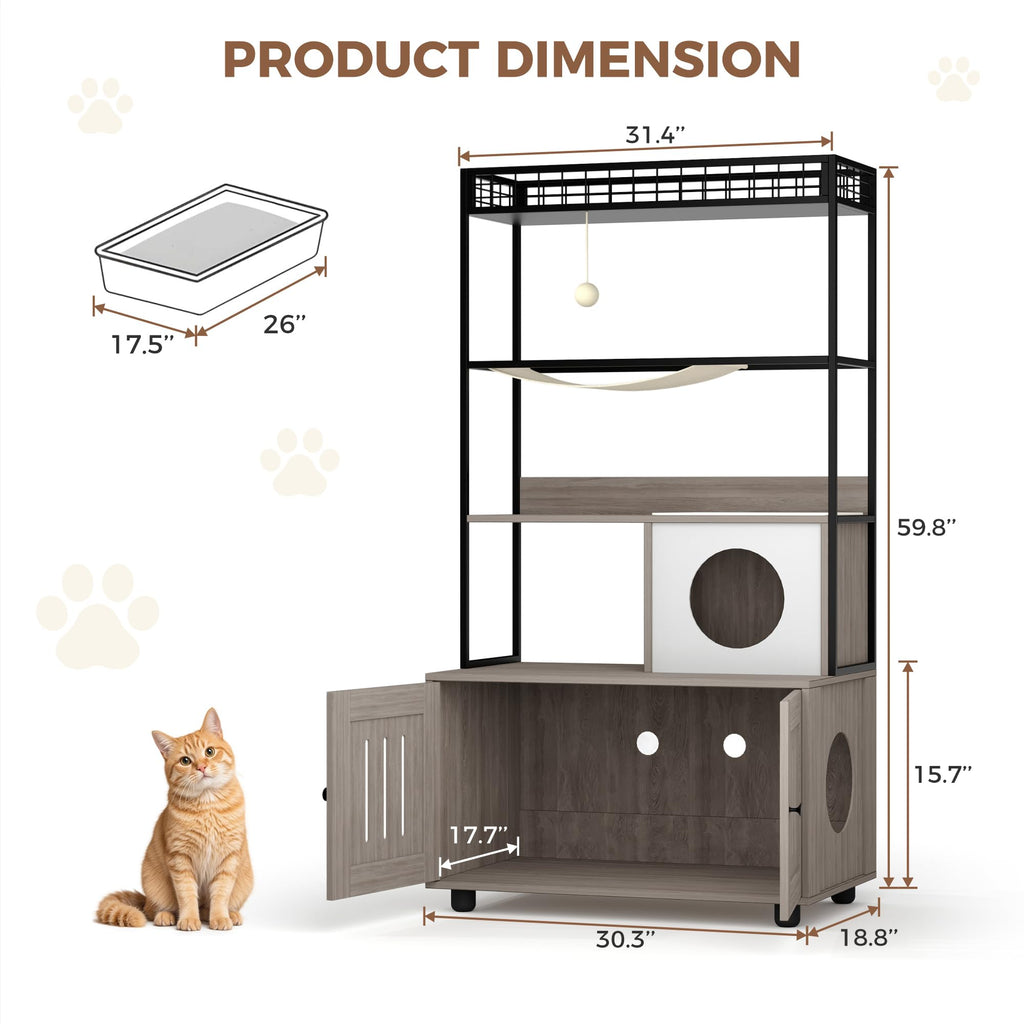 Garvee Modern Hidden Cat Litter Box Enclosure with Storage Rack, Indoor Enclosed Cat Furniture, Hammock, Sisal Balls, Scratching Mat, Multi-Level Private Cat House, Gray