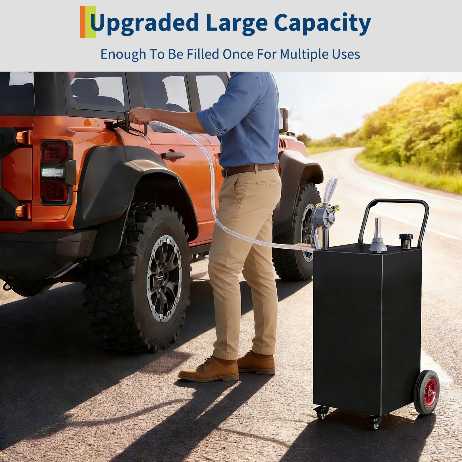 Garvee 35 Gallon Portable Fuel Caddy Gasoline Diesel Storage Tank with Two-Way Manual Pump Carbon Steel Anti-Static Clamp Black for Cars Lawn Mowers ATVs Boats