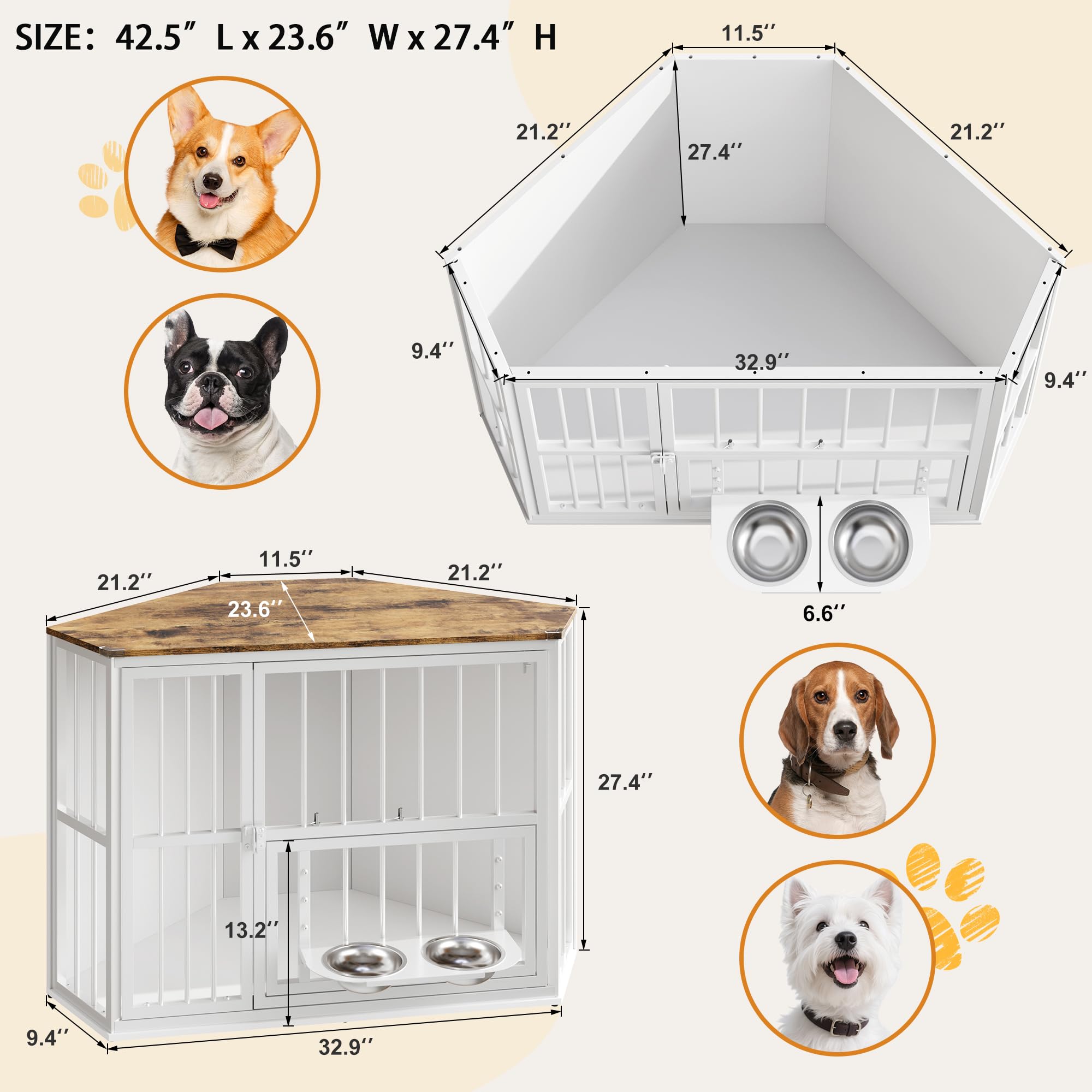 Garvee Space-Saving Corner Dog Crate Furniture – Wooden Indoor Kennel End Table with 360° Rotating Door, Stainless Steel Feeding Bowls, Decorative Design for Small Dogs, White, Classic + White Relief + White Iron Frame